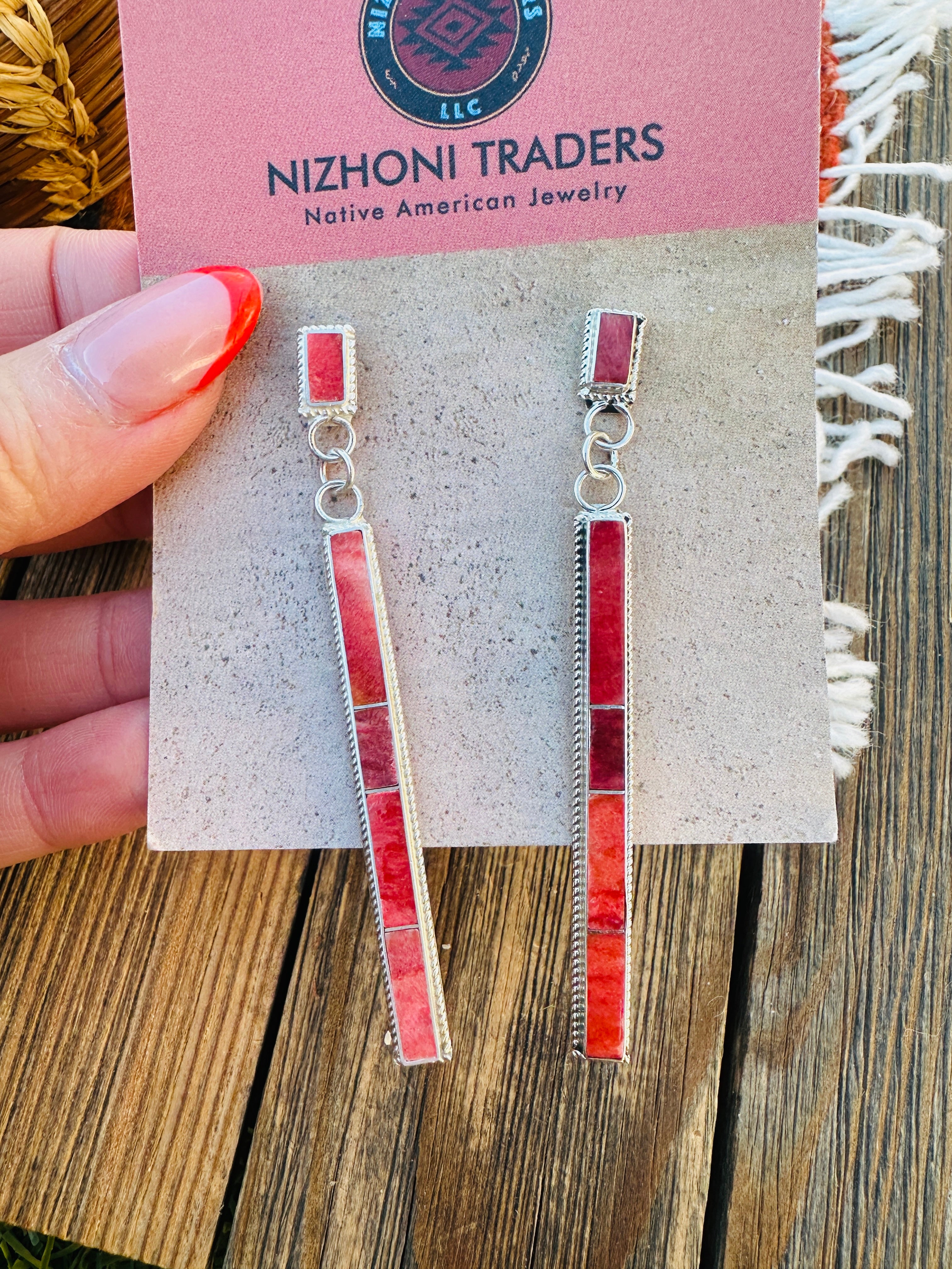 Handcrafted Spiny Oyster & Sterling Silver Inlay Dangle Earrings