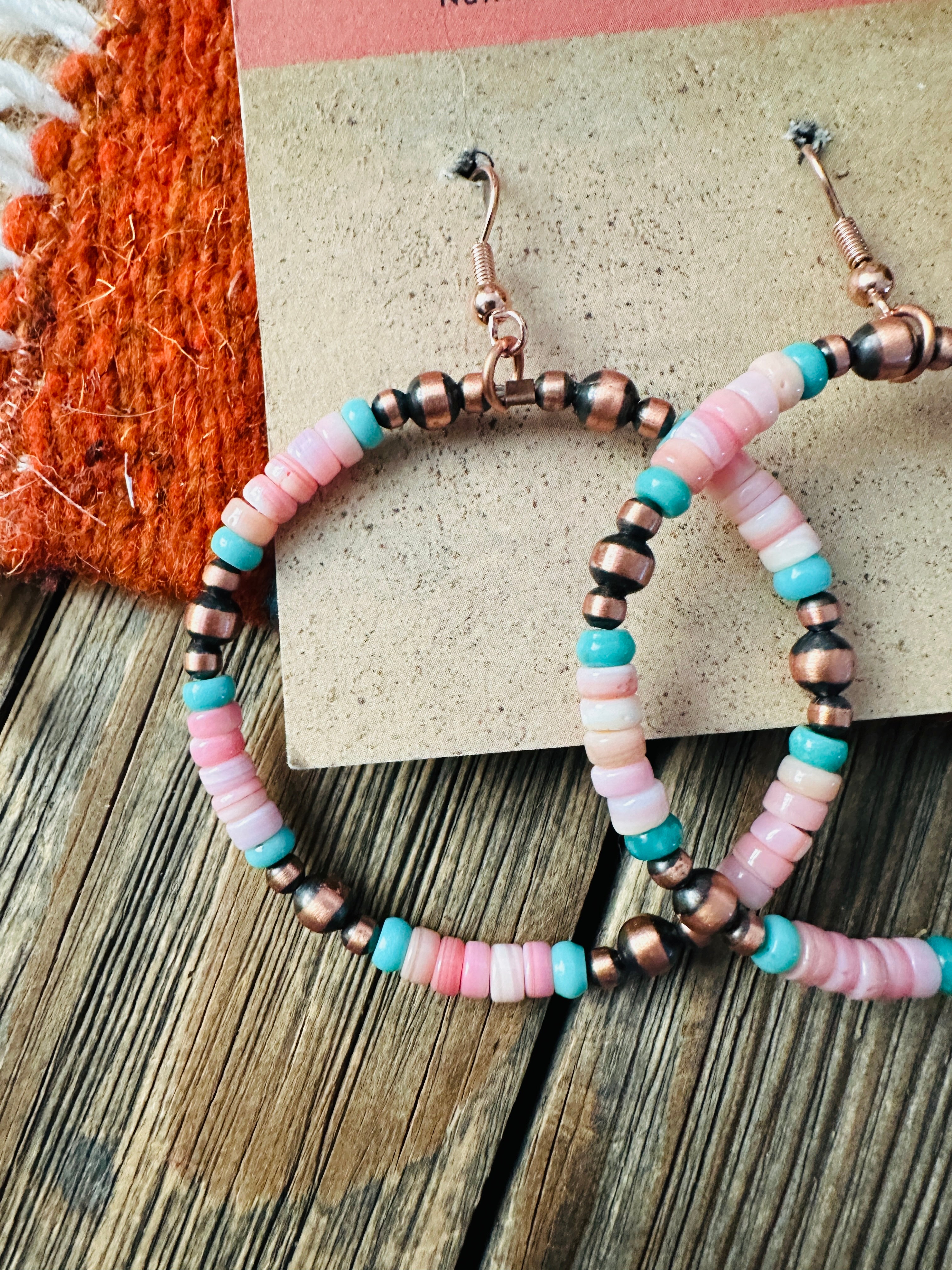 Handcrafted Queen Pink Conch, Turquoise & Copper Beaded Dangle Hoop Earrings