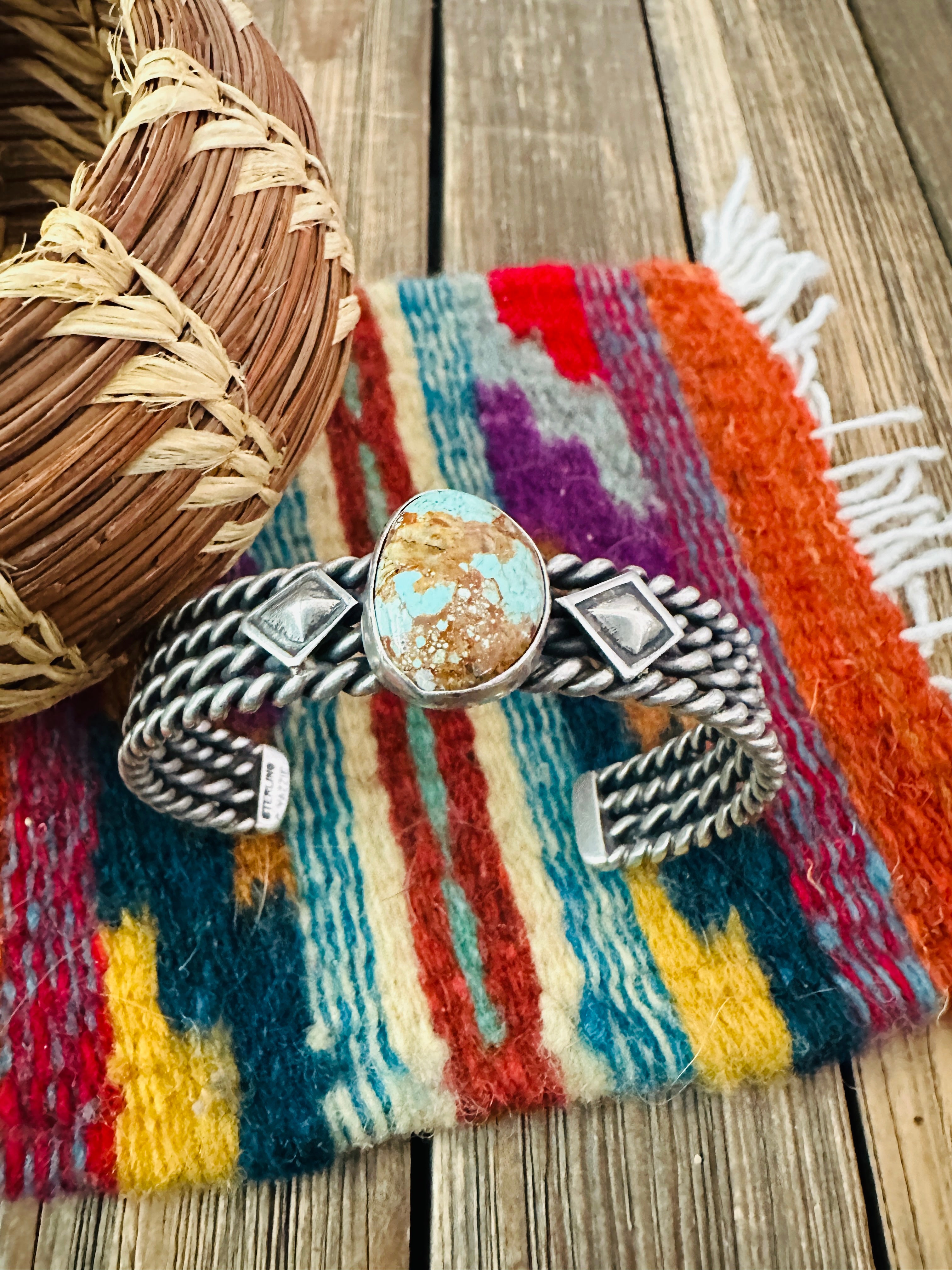 Handcrafted Turquoise & Twisted Sterling Silver Feather Cuff Bracelet