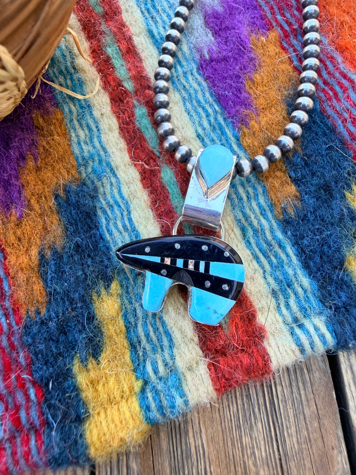 Handcrafted Sterling Silver and Multi Stone Inlay Bear Pendant by Ray Jack