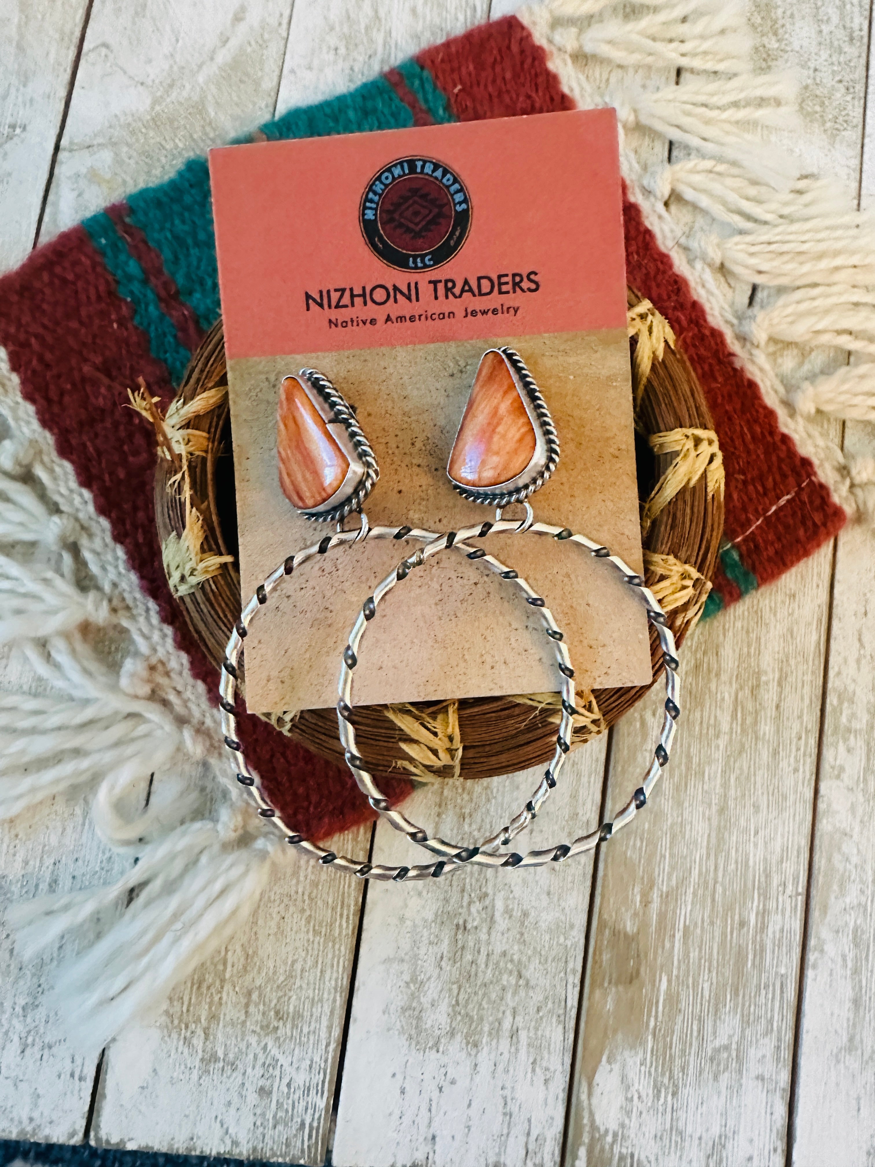 Navajo Orange Spiny and Sterling Silver Dangle Hoop Earrings