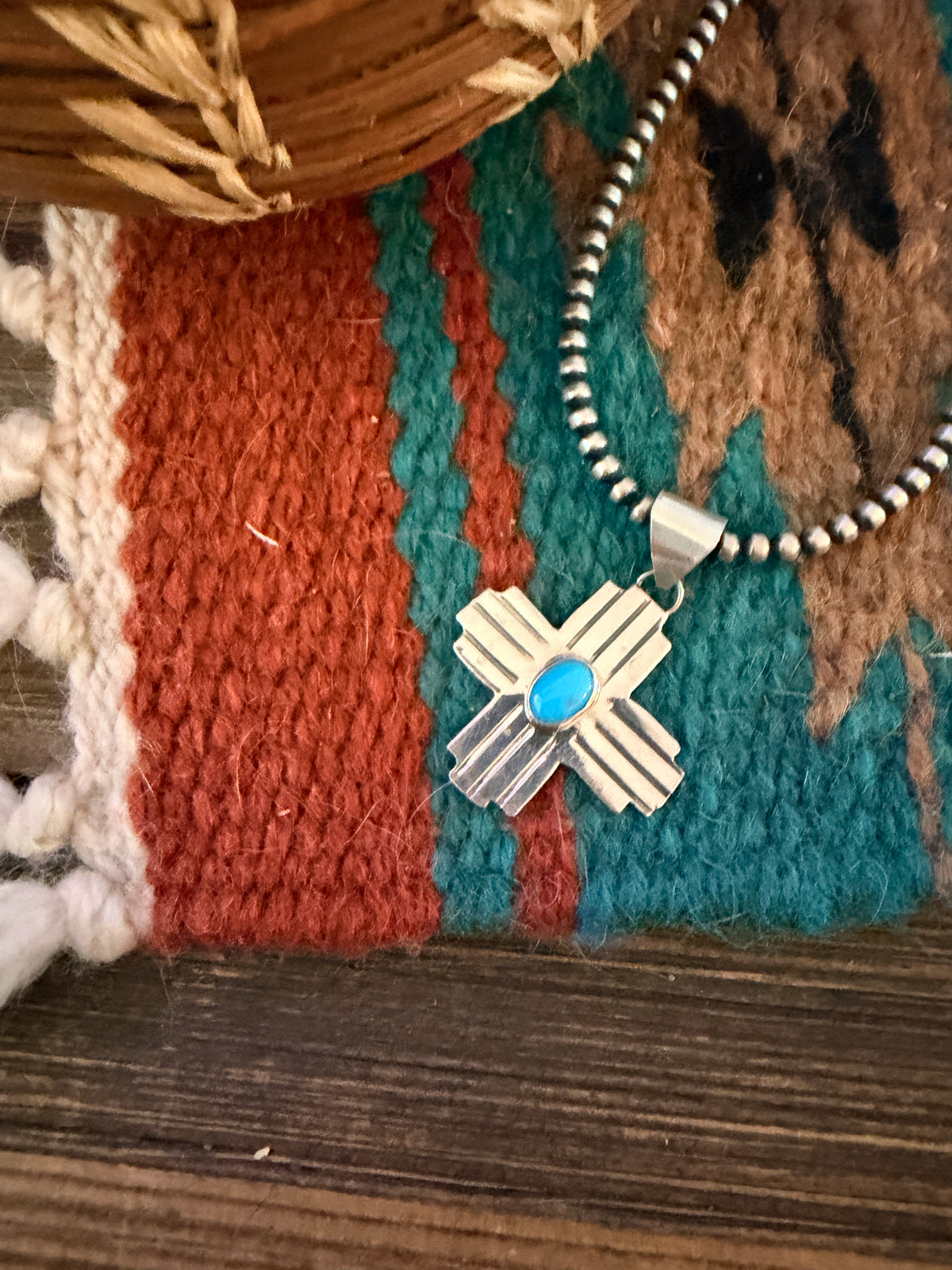Old Pawn Handcrafted Inlay Turquoise & Sterling Silver Zia Cross Pendant