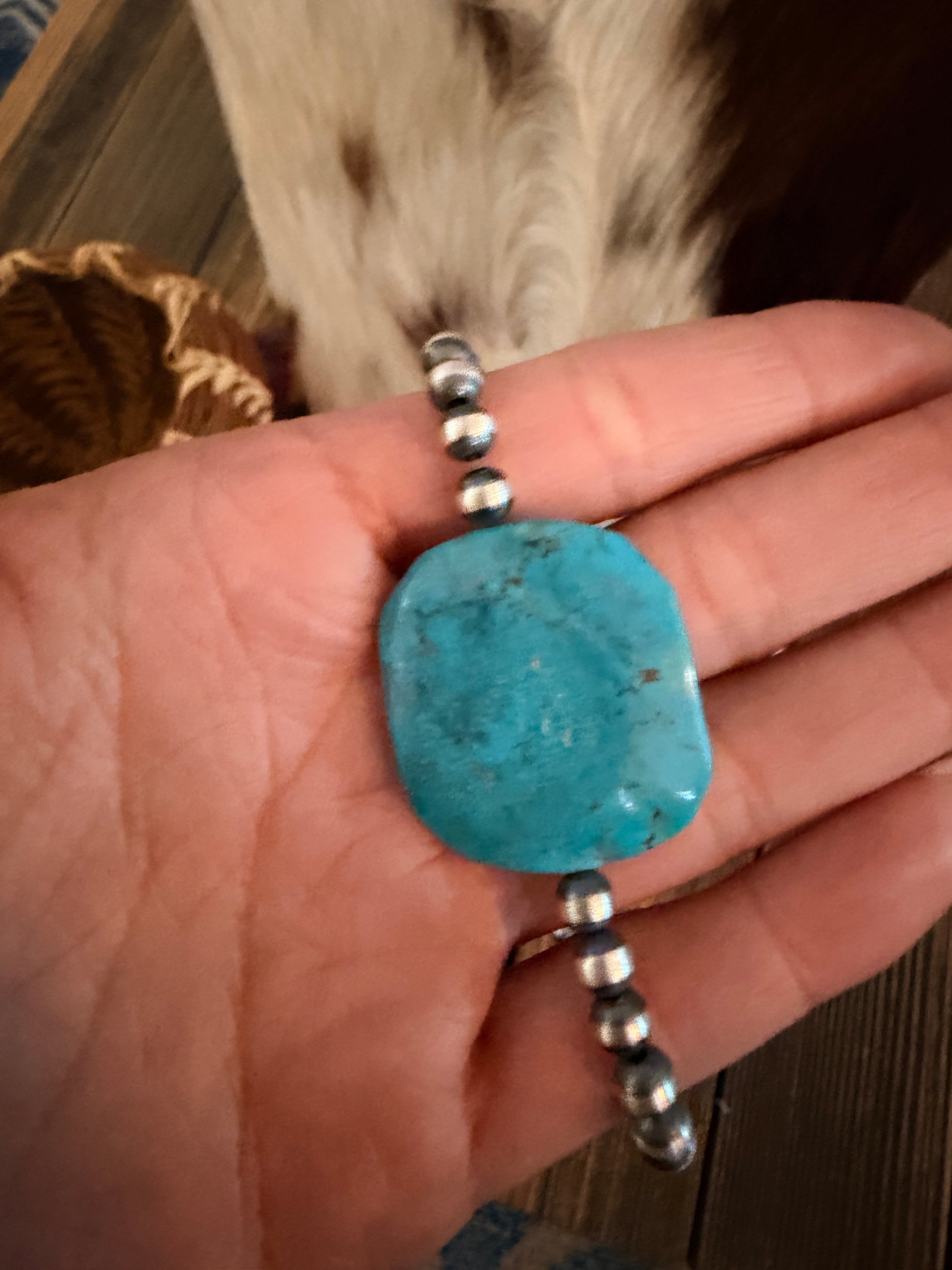 Handcrafted Kingman Turquoise & Sterling Silver Pearl 18” Beaded Necklace