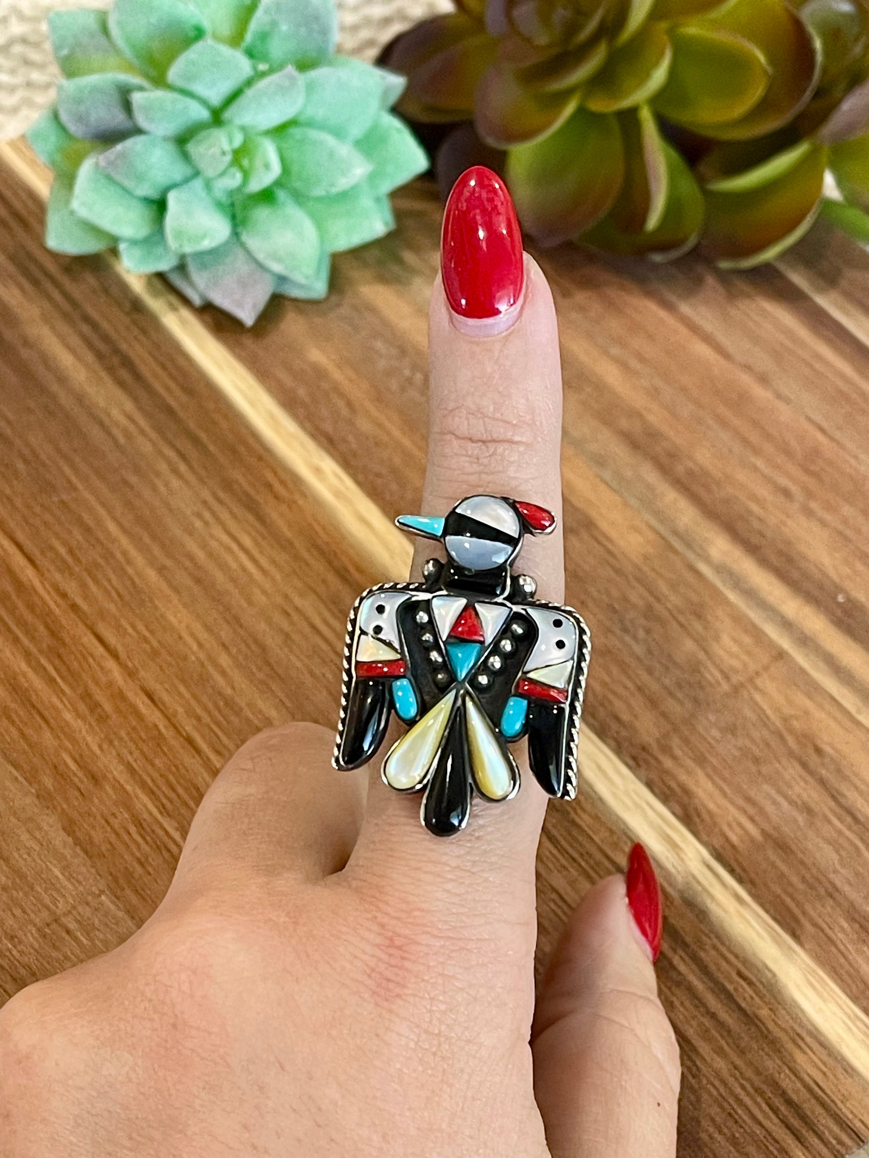 Handmade Multi Stone And Sterling Silver Thunderbird Adjustable Ring