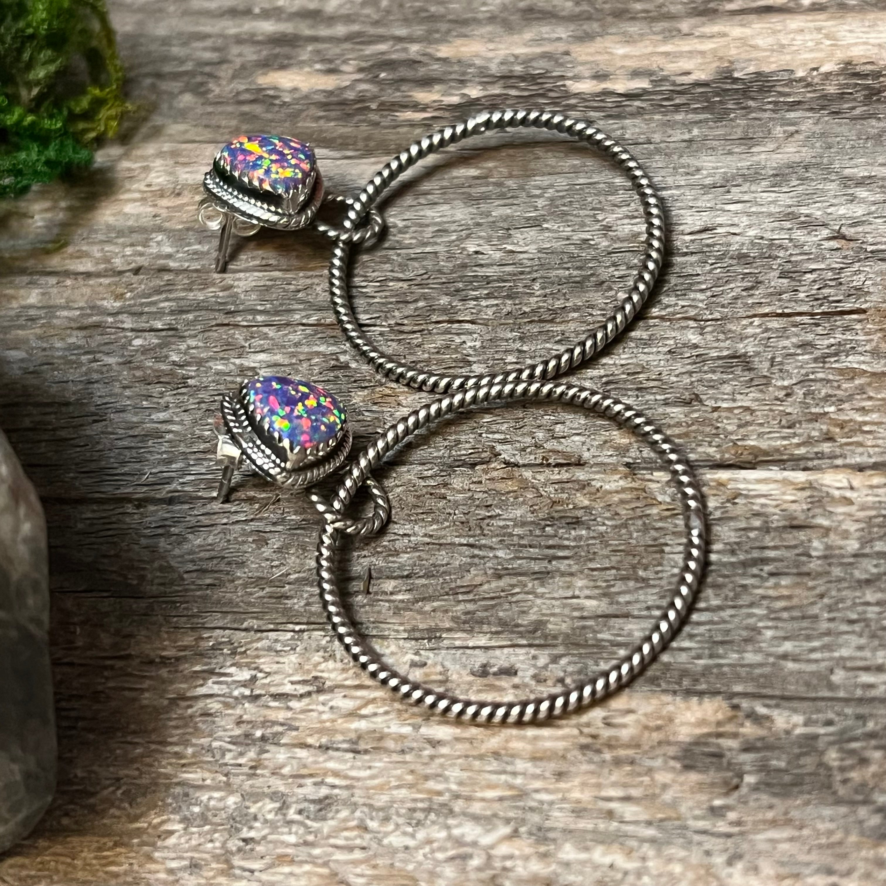 Handmade Blue & Pink Speckled Opal Sterling Silver Hoop Earrings