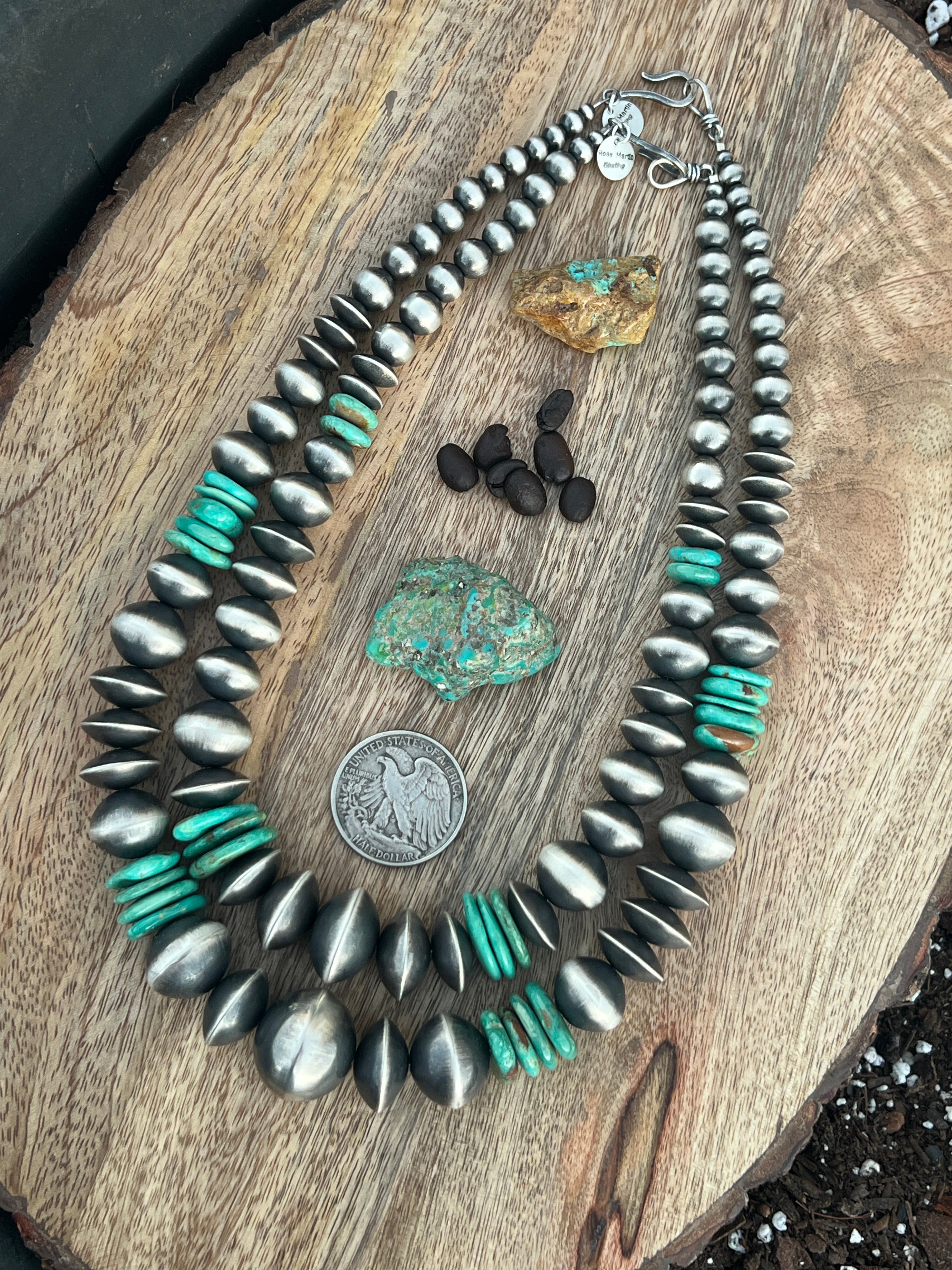 Handcrafted Chunky Sterling Silver and Kingman Turquoise Beaded Necklace by Rose Martin, 19 and 22 inches