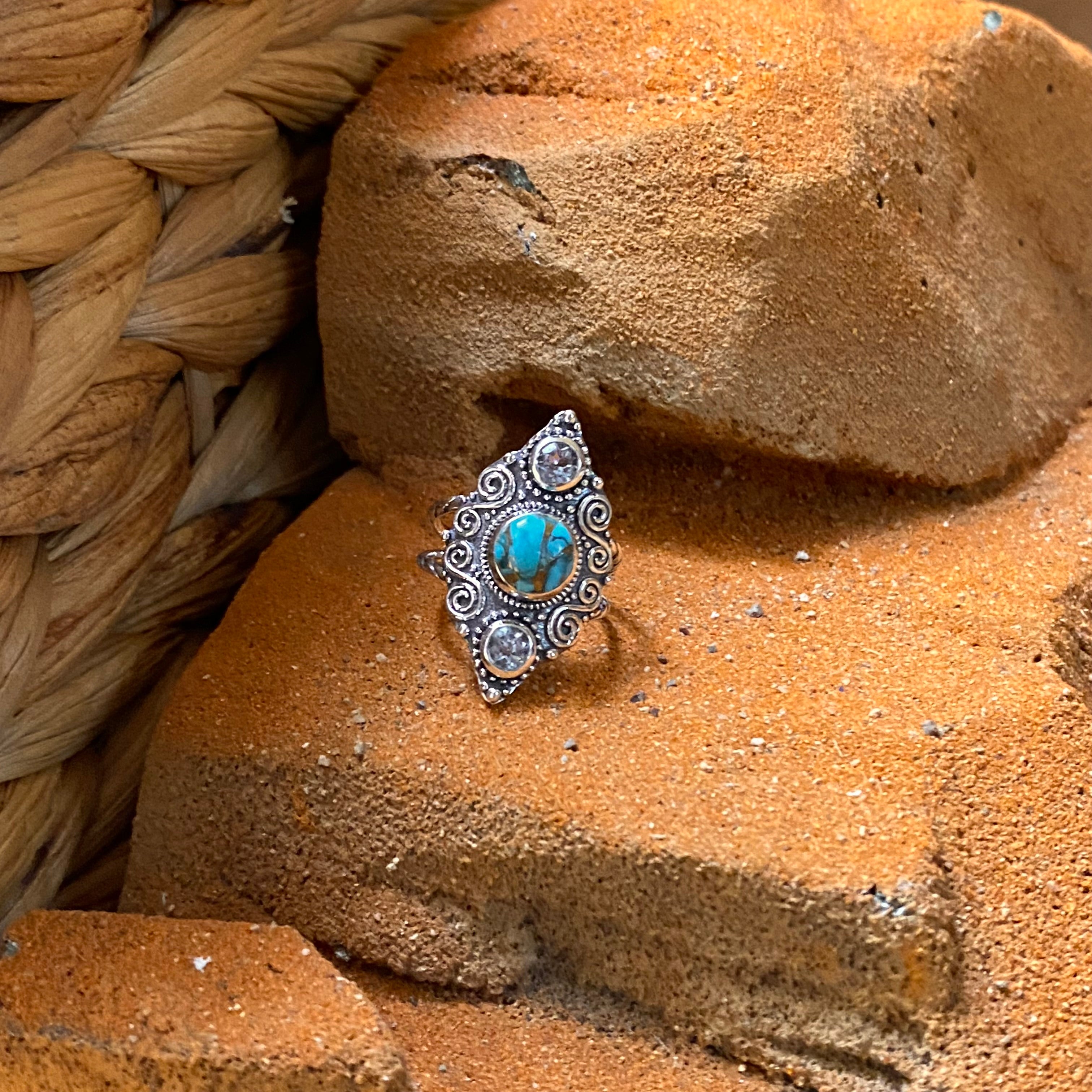 Sterling Silver Etched Copper Turquoise & Blue Topaz Ring Size 6.5