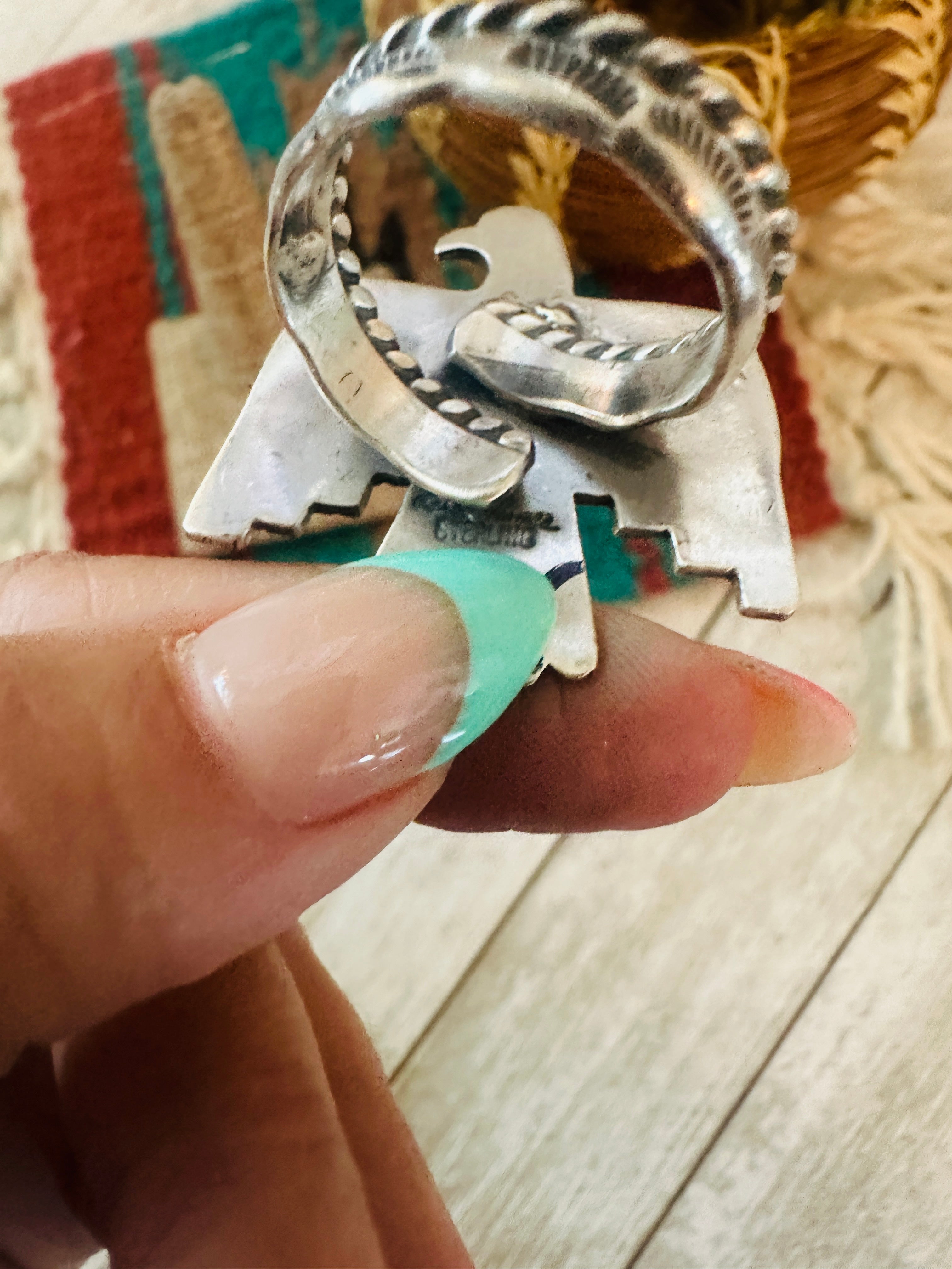 Handcrafted Hand Stamped Sterling Silver Thunderbird Adjustable Ring by Leroy James