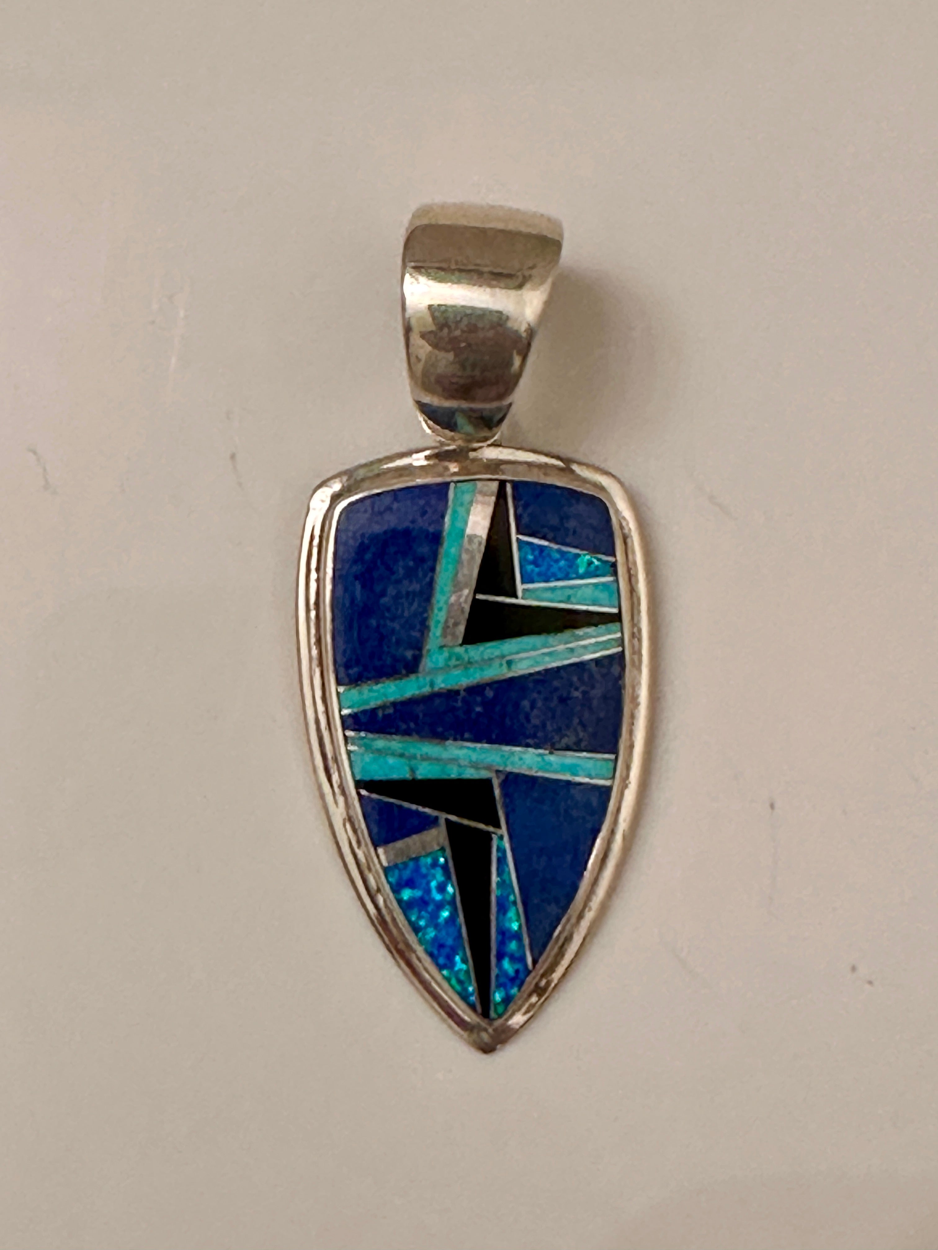 Handcrafted Lapis, Turquoise, Blue Opal Shield Pendant 2.5”