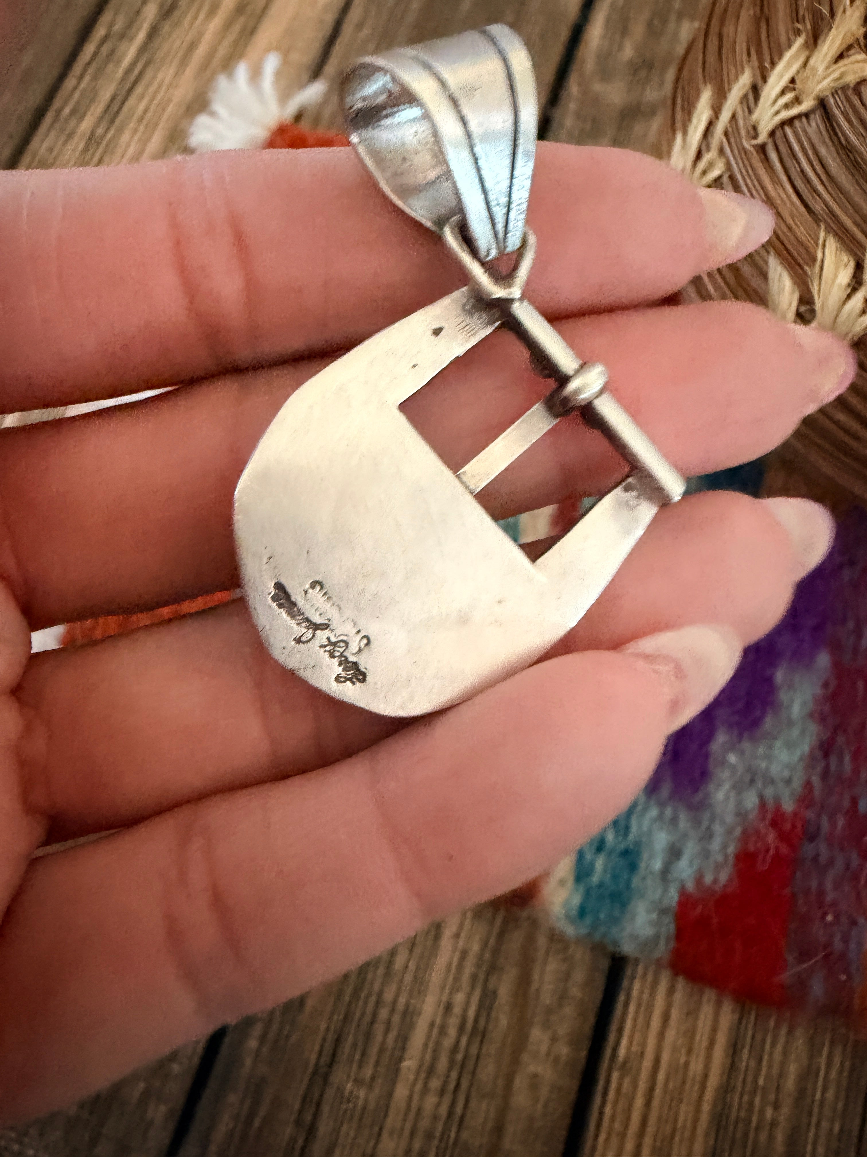 Handcrafted Sterling Silver & Turquoise Belt Buckle Pendant by Leroy James