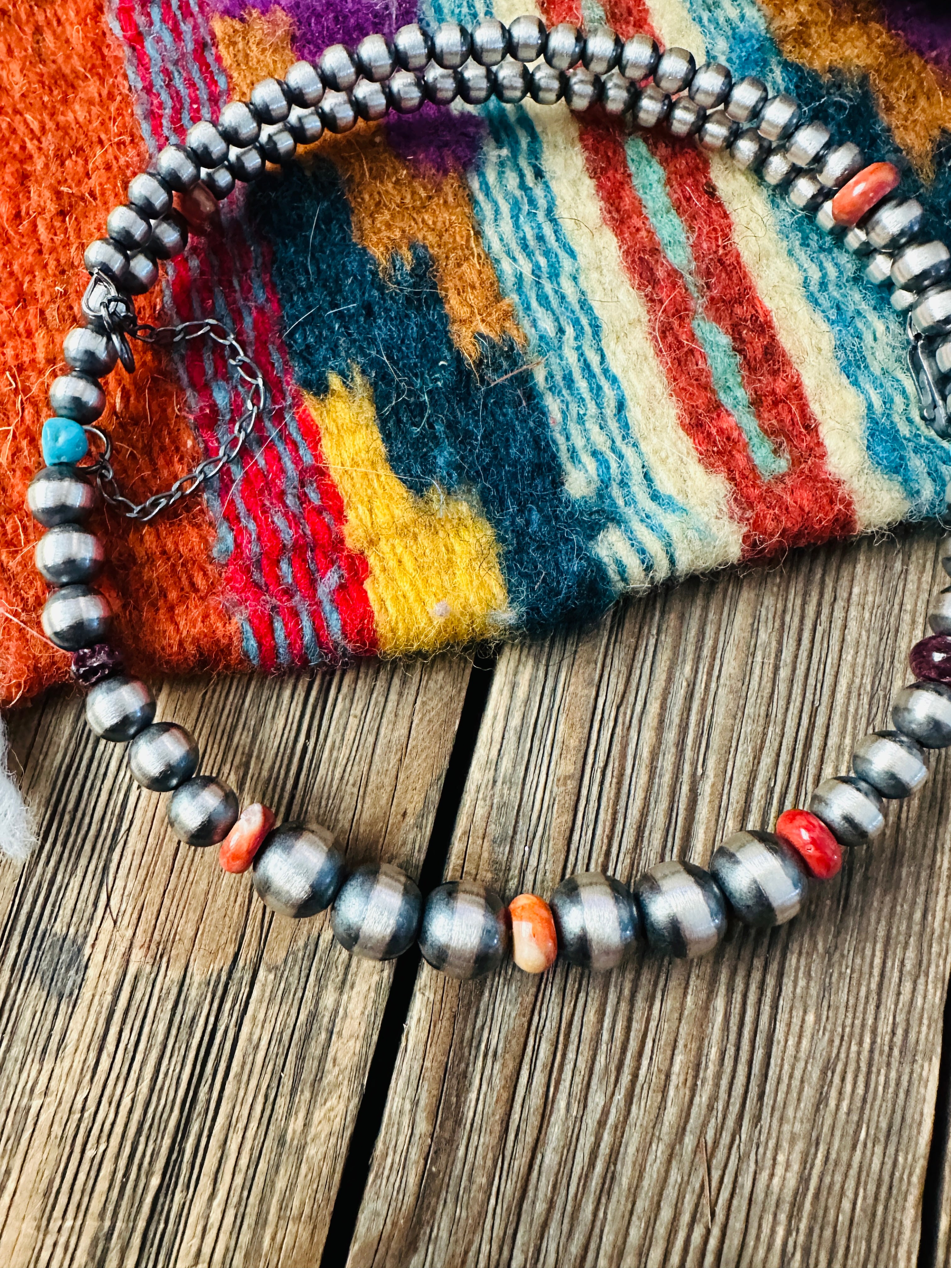 Handcrafted Turquoise, Spiny & Sterling Silver Beaded Wrap Choker Necklace