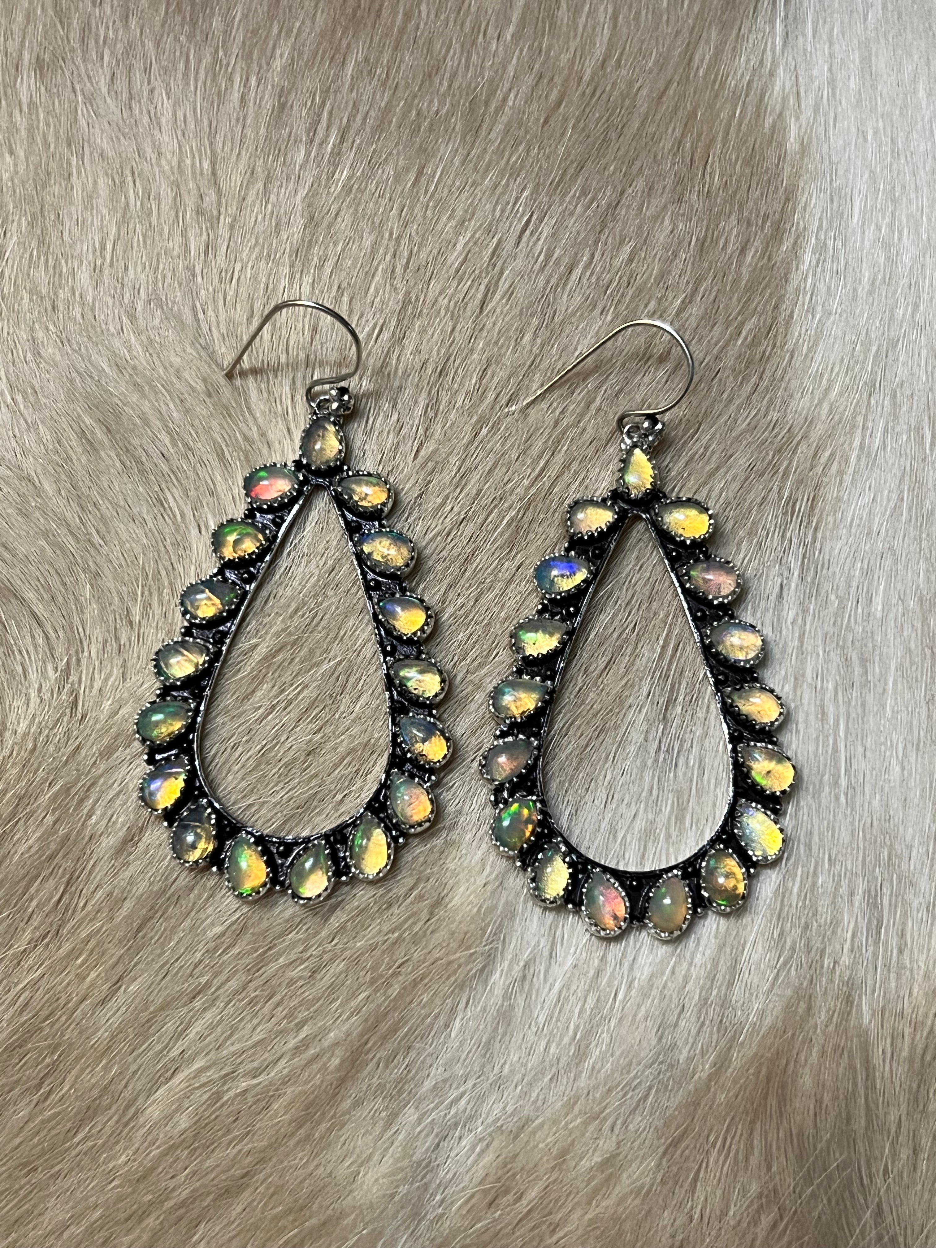 Handmade Sterling Silver & Fire White Opal Tear Drop Dangle Wire Hoop Earrings