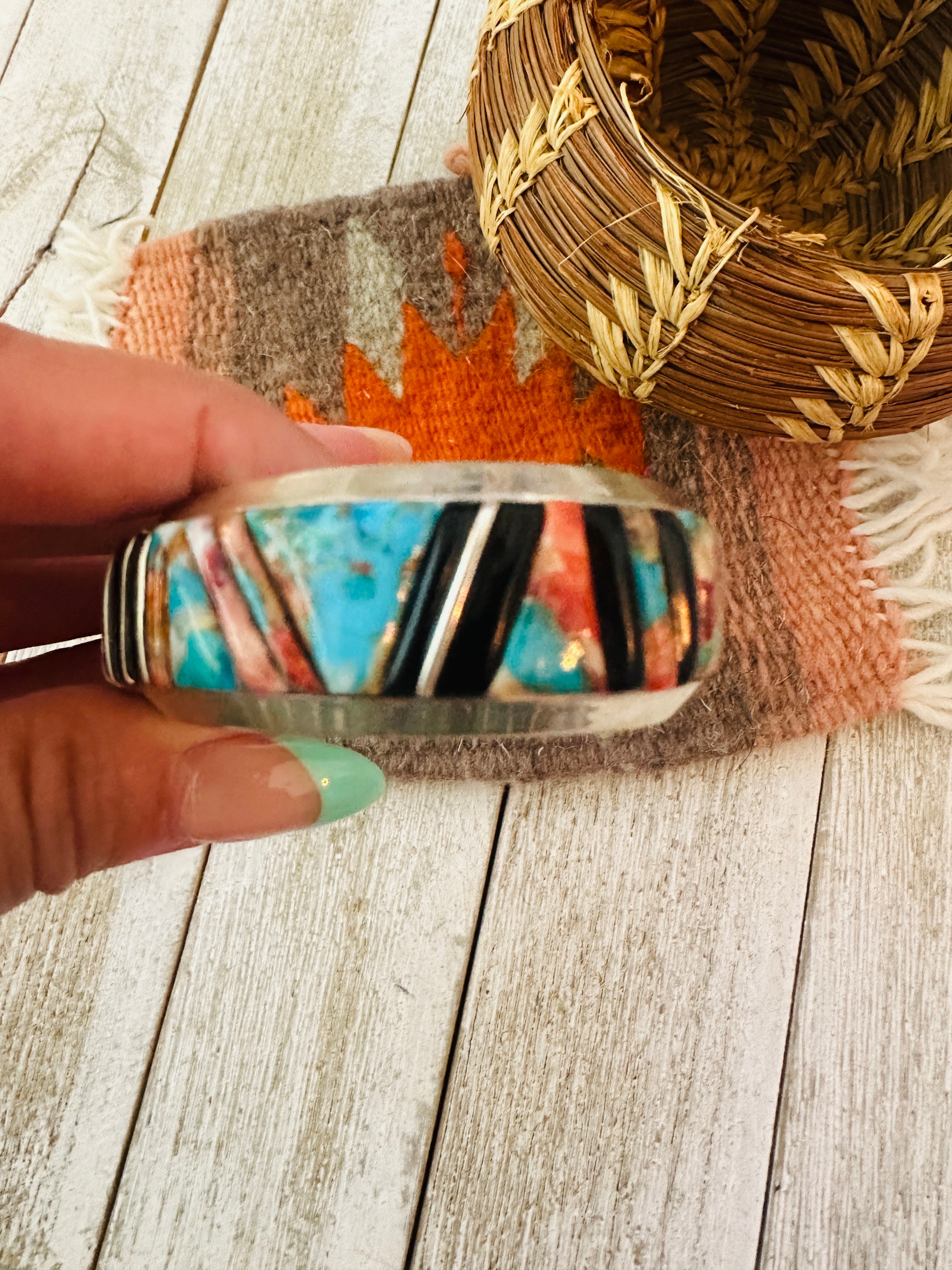 Handcrafted Multi Stone & Sterling Silver Inlay Cuff Bracelet