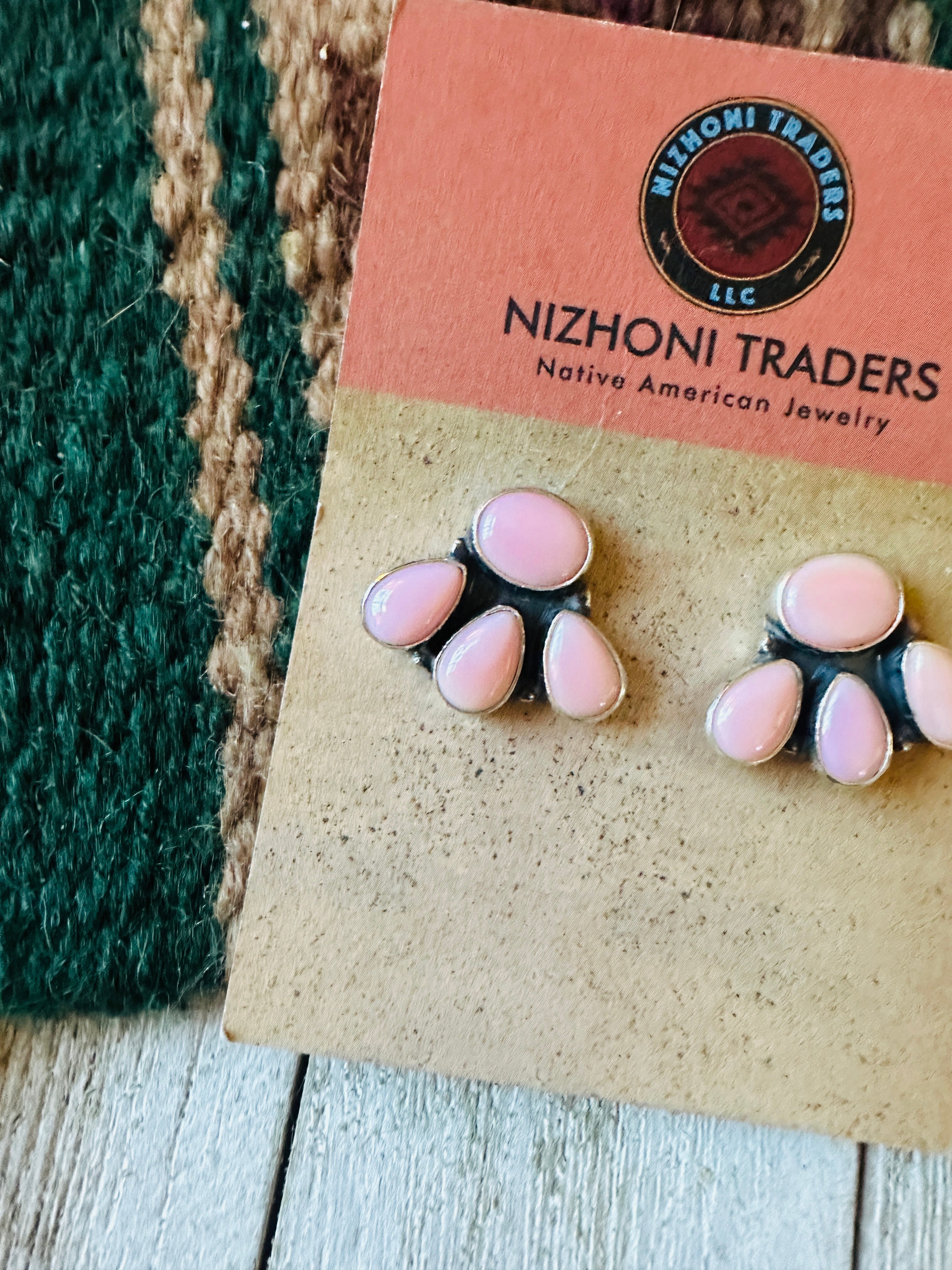 Navajo Sterling Silver & Queen Pink Conch Cluster Post Earrings