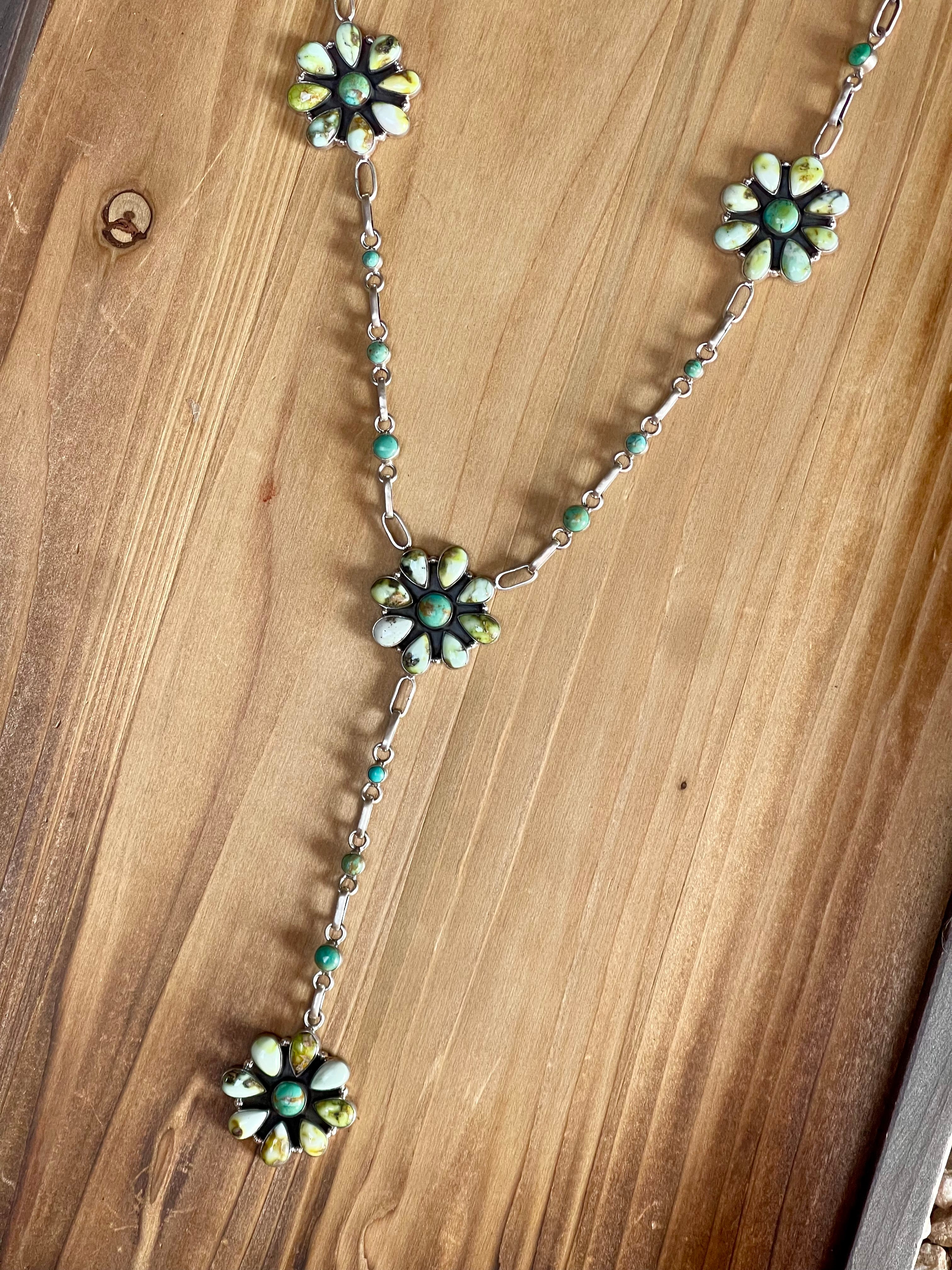Handmade Sterling Silver & Palomino And Kingman Turquoise Cluster Lariat Necklace