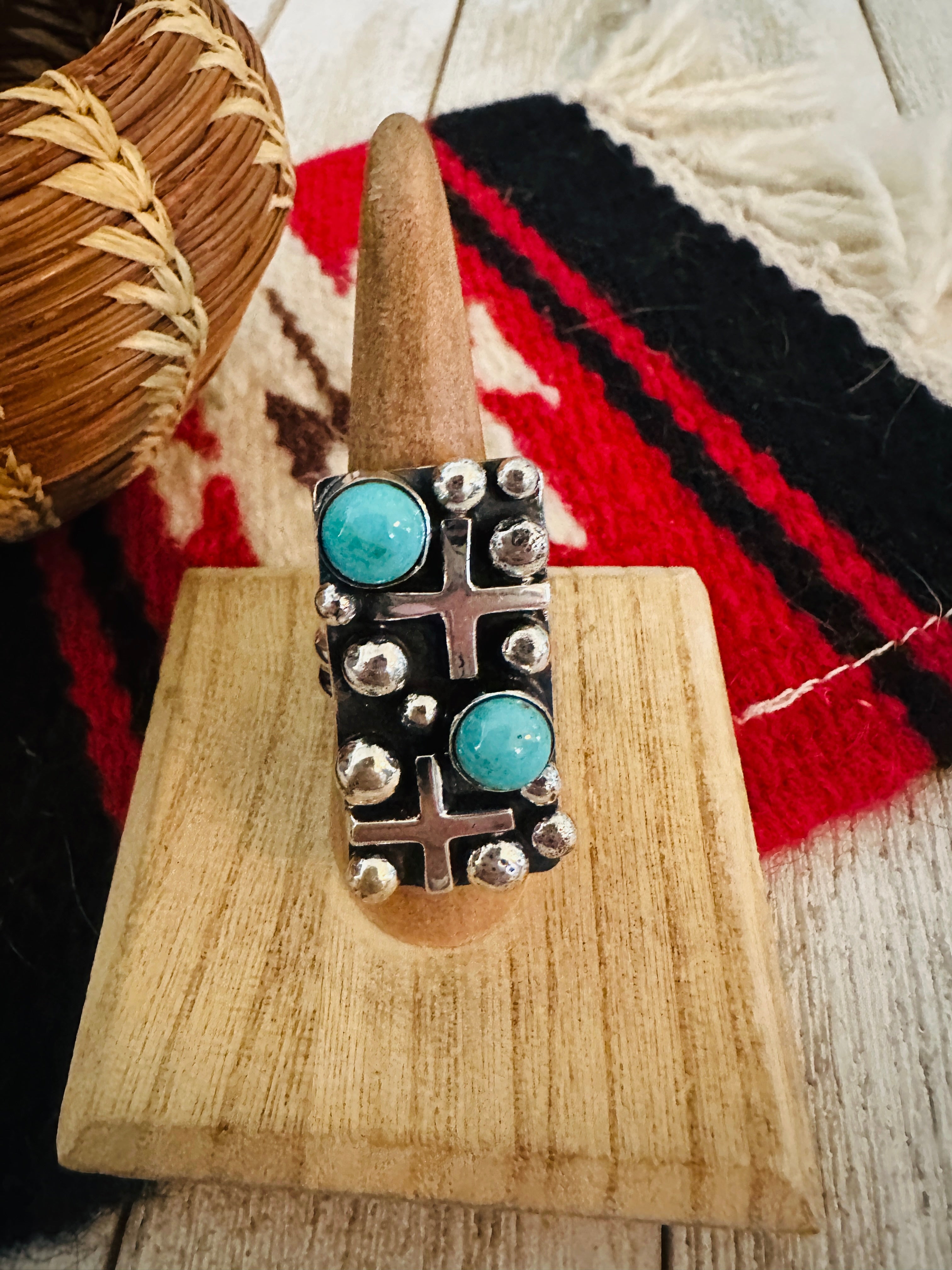 Handcrafted Turquoise & Sterling Silver Cross Ring Chimney Butte