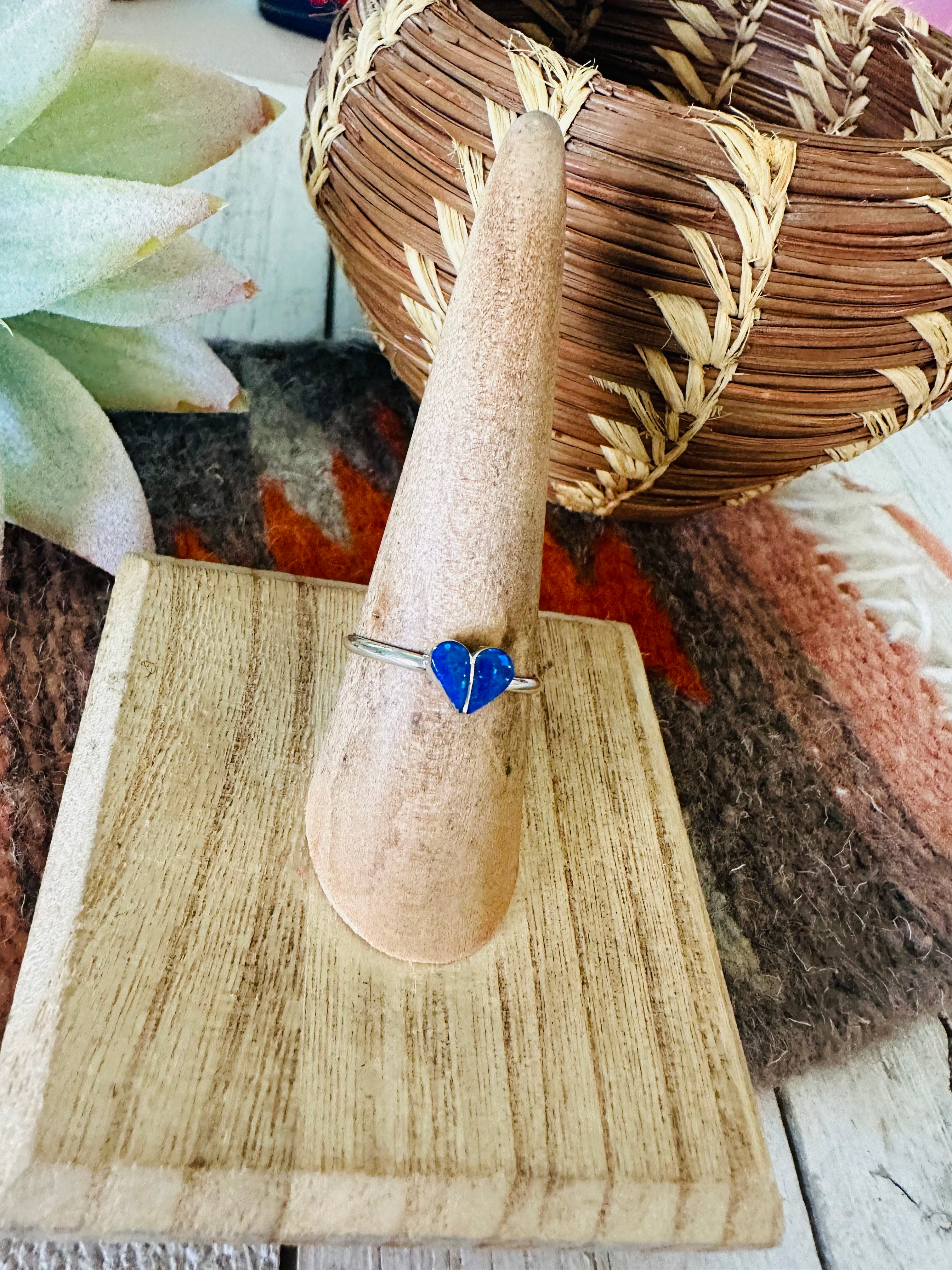 Handcrafted Sterling Silver & Blue Opal Inlay Heart Ring