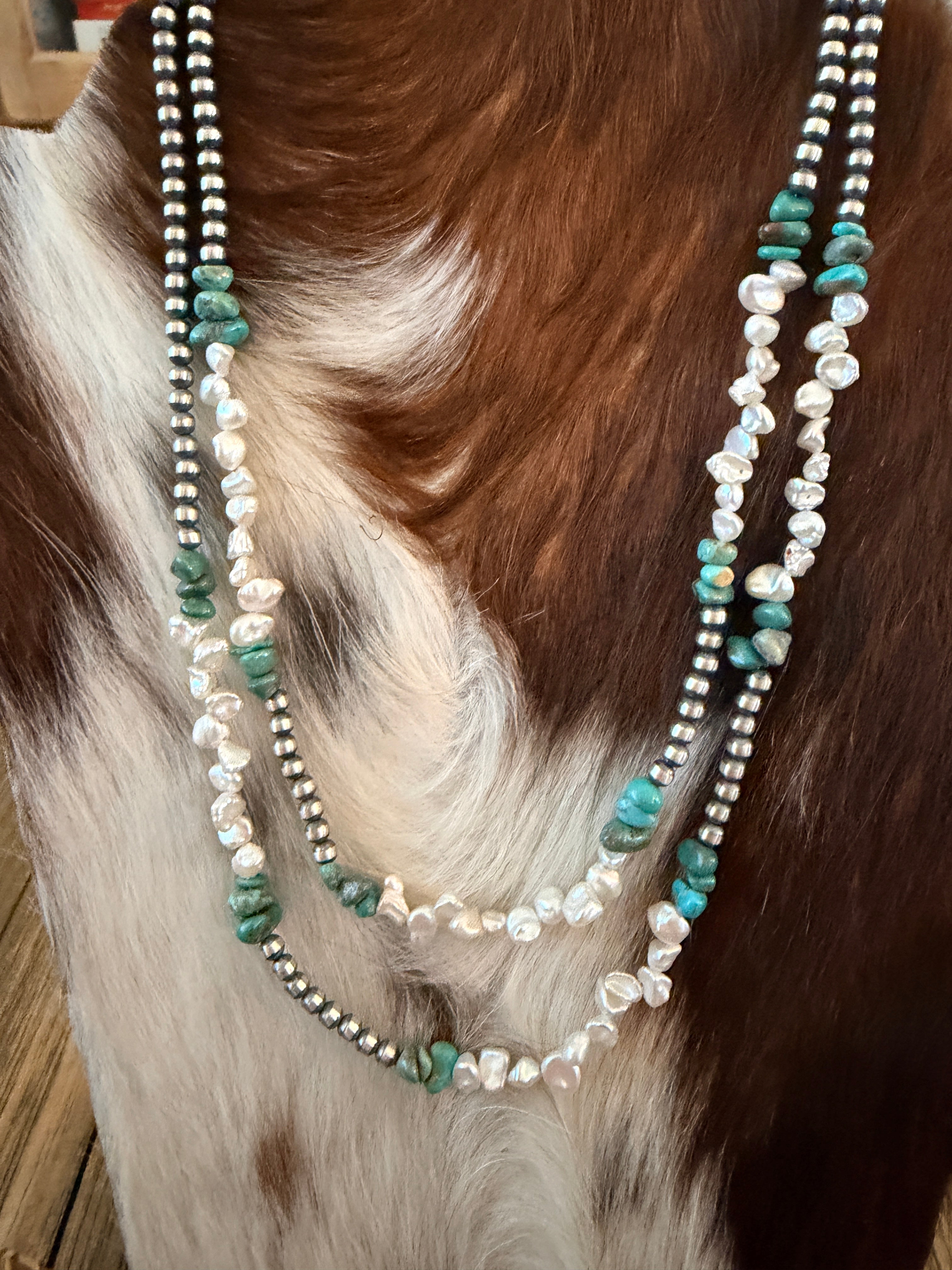 Handcrafted Turquoise, Mother of Pearl and Sterling Silver Pearl Beaded Necklace