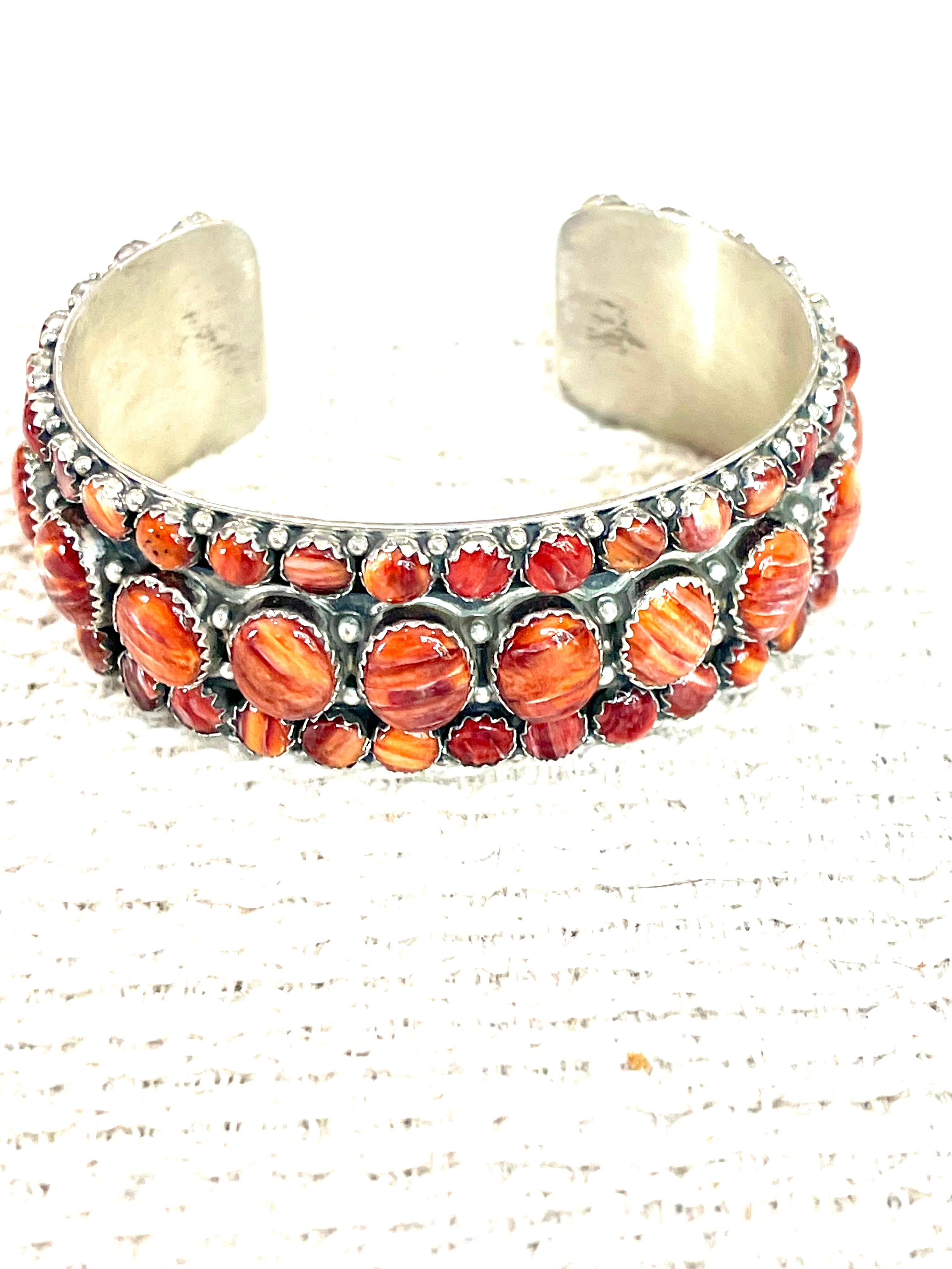 Beautiful Handmade Sterling Silver & Orange Spiny Cluster Cuff Bracelet