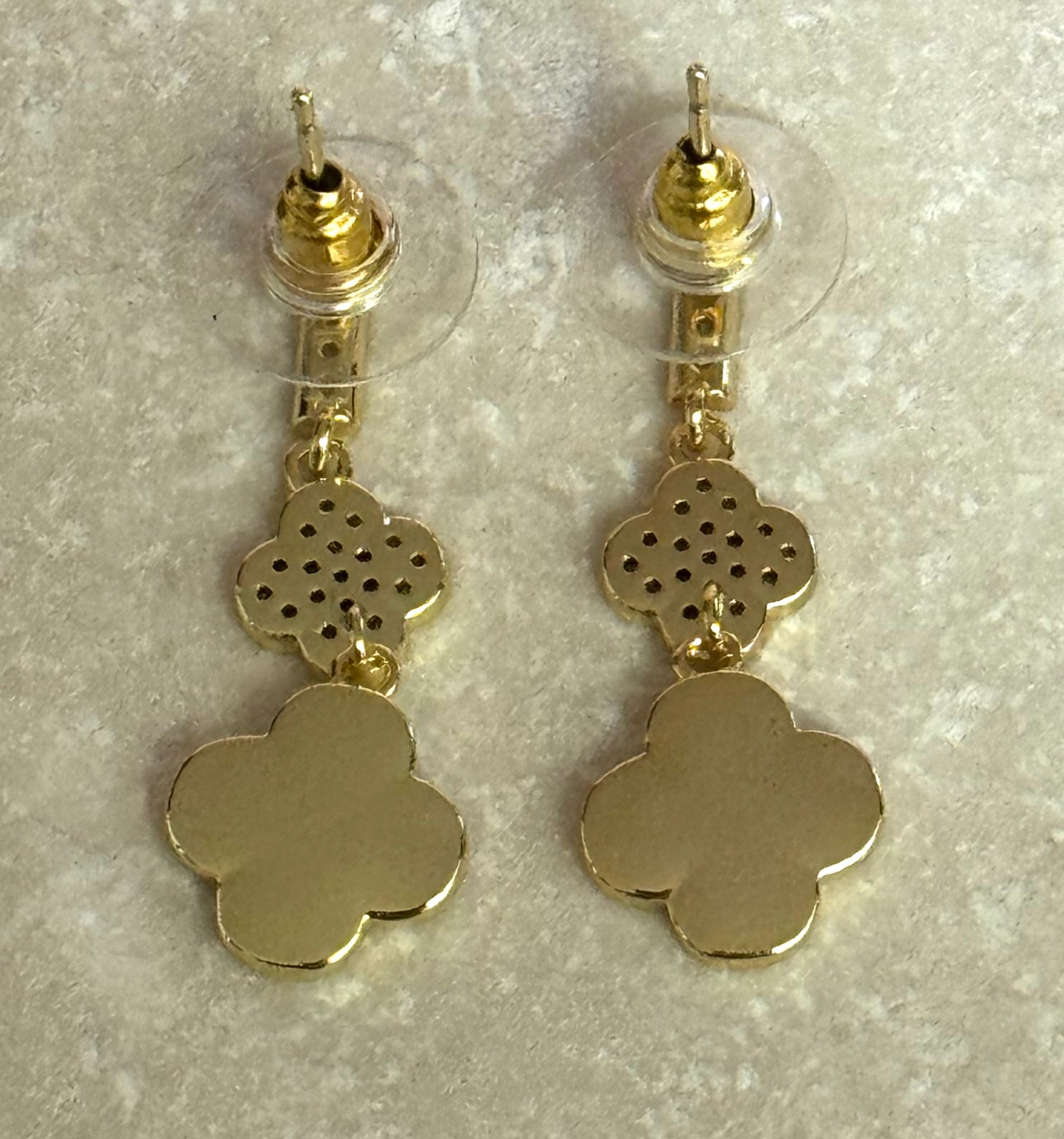 14k Gold Plated CZ Clover Dangle Post Earrings