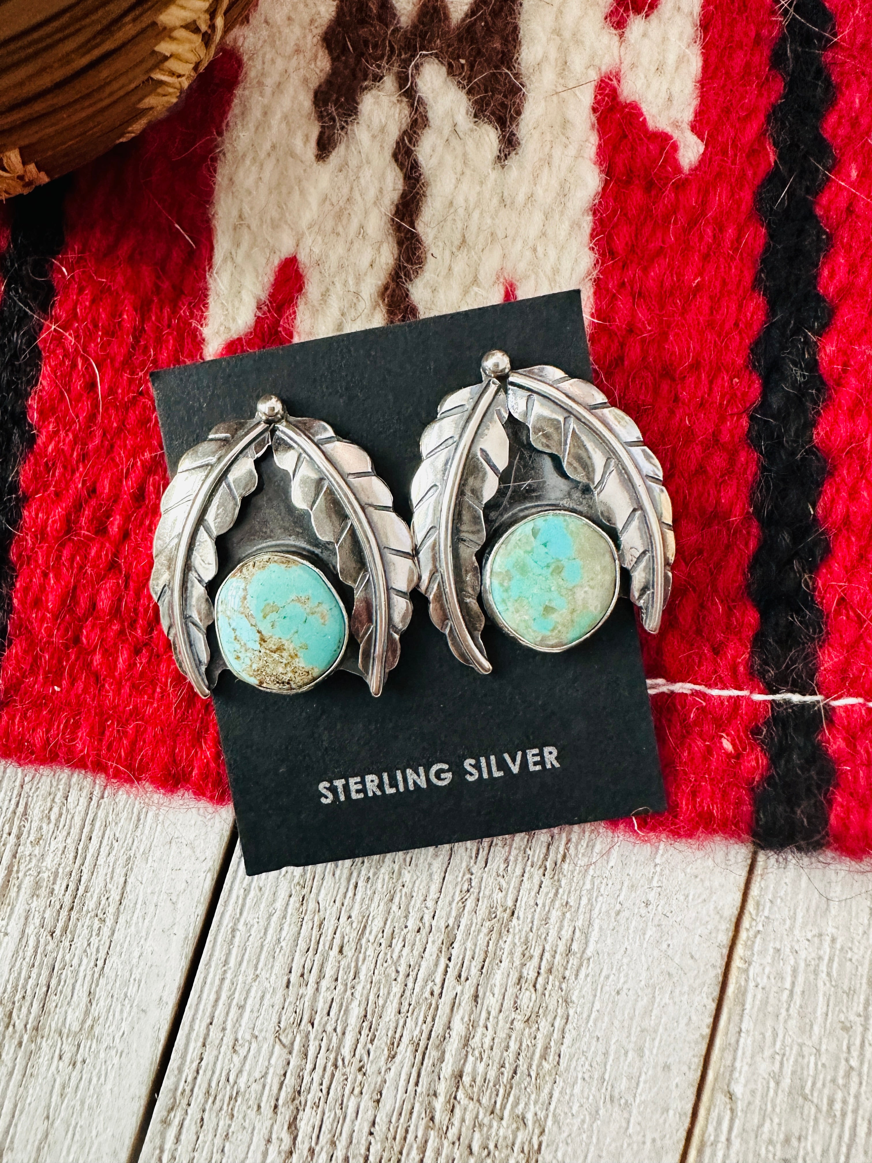 Handcrafted Number 8 Turquoise & Sterling Silver Leaf Post Earrings