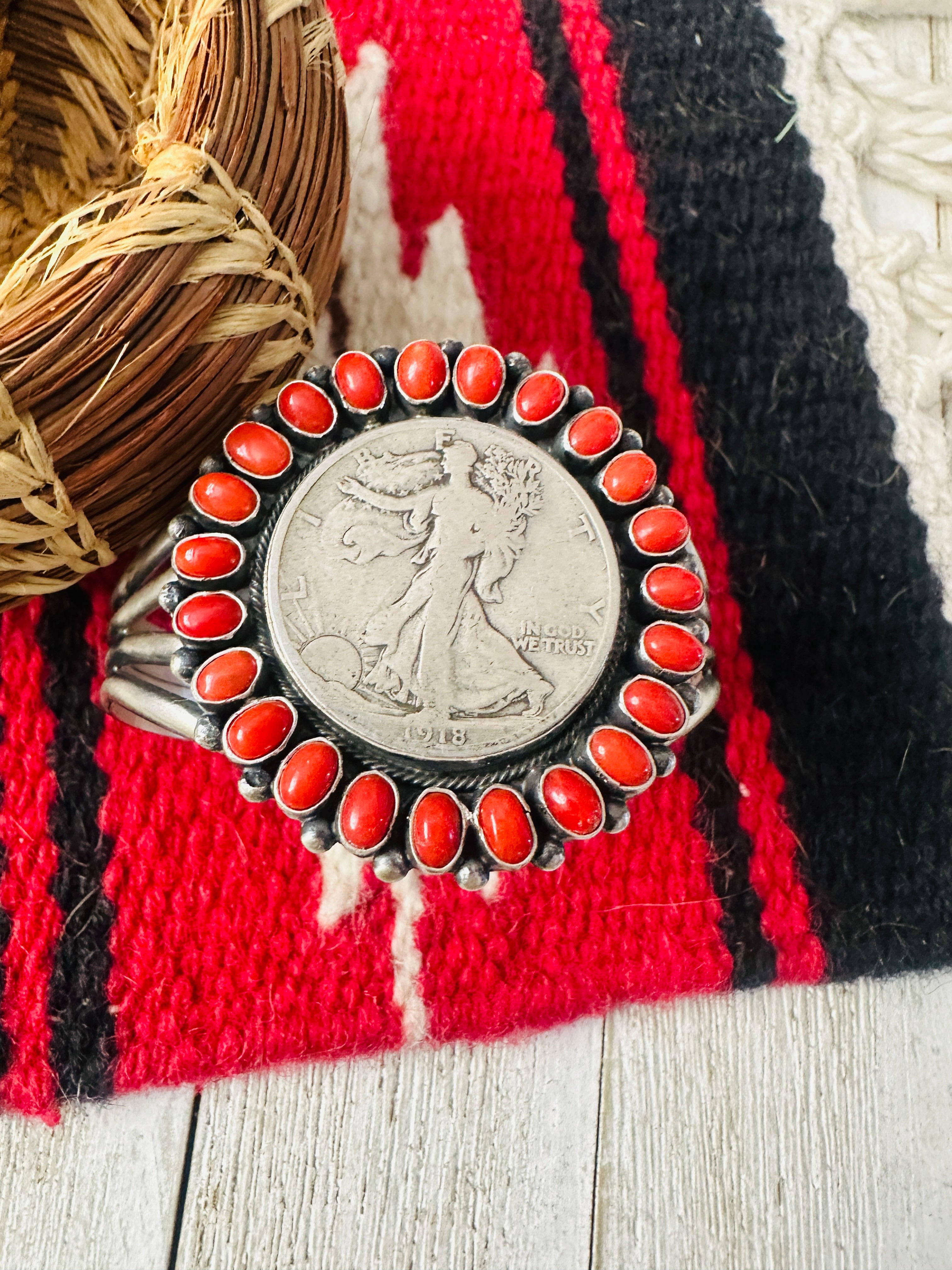 Handcrafted Coral & Sterling Silver Liberty Coin Cuff Bracelet by Darrin Livingston
