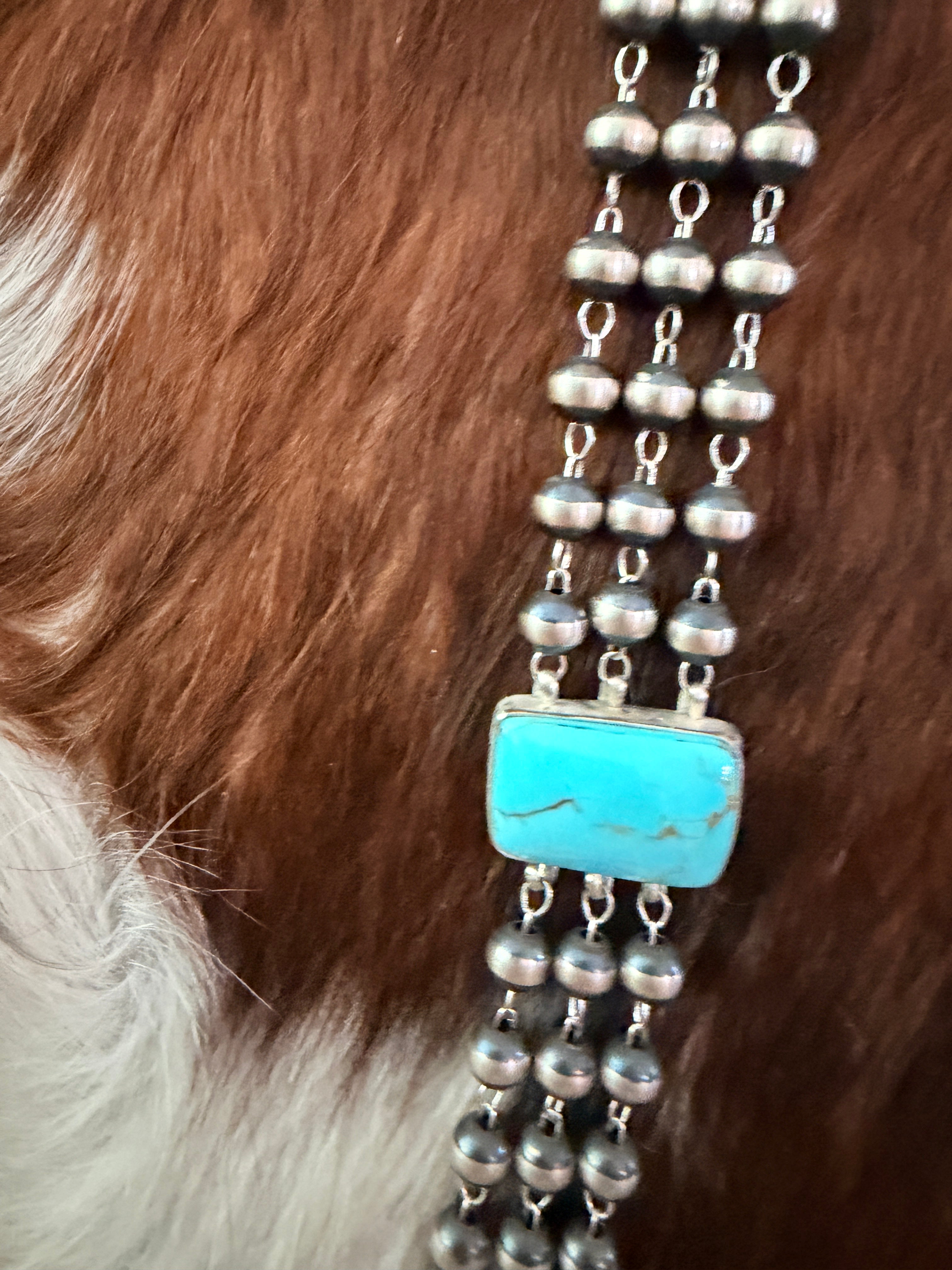 Handcrafted Turquoise & Sterling Silver Pearl Triple-Strand Beaded Necklace