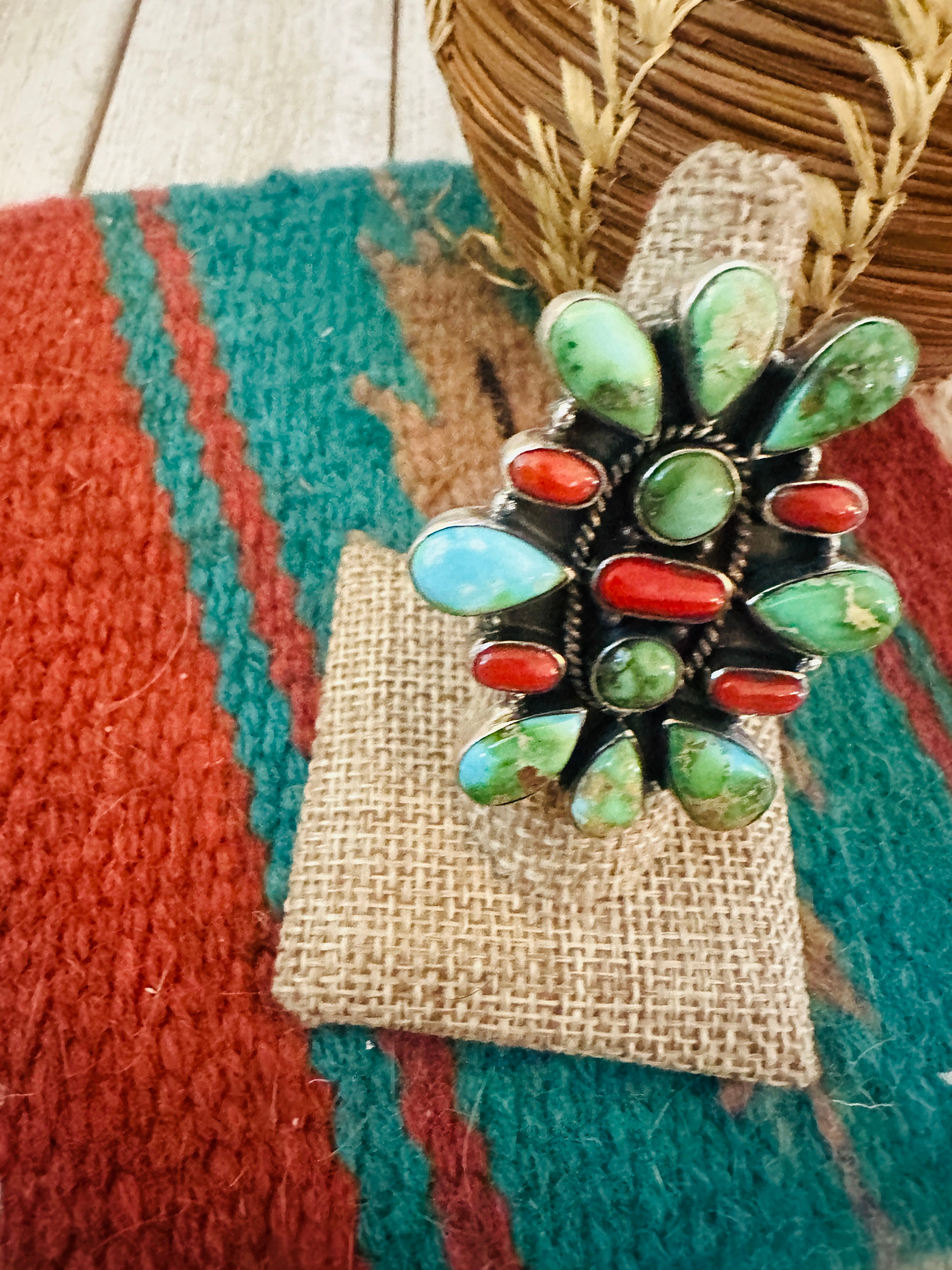 ** Christmas Collection ** Handmade Sterling Silver, Turquoise & Coral Adjustable Ring Signed Nizhoni