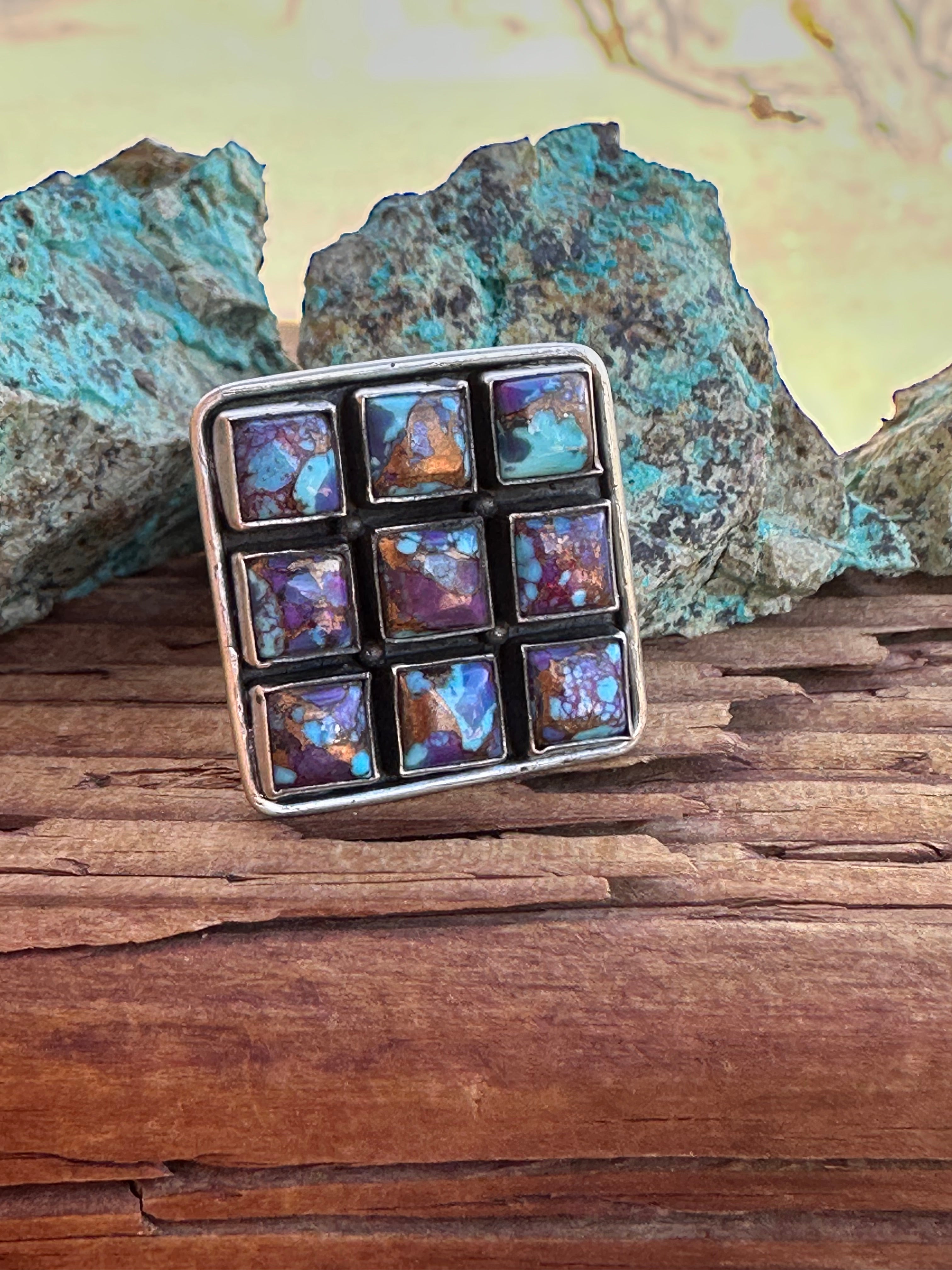 Beautiful Handmade Sterling Silver And Purple Mojave Square Adjustable Ring