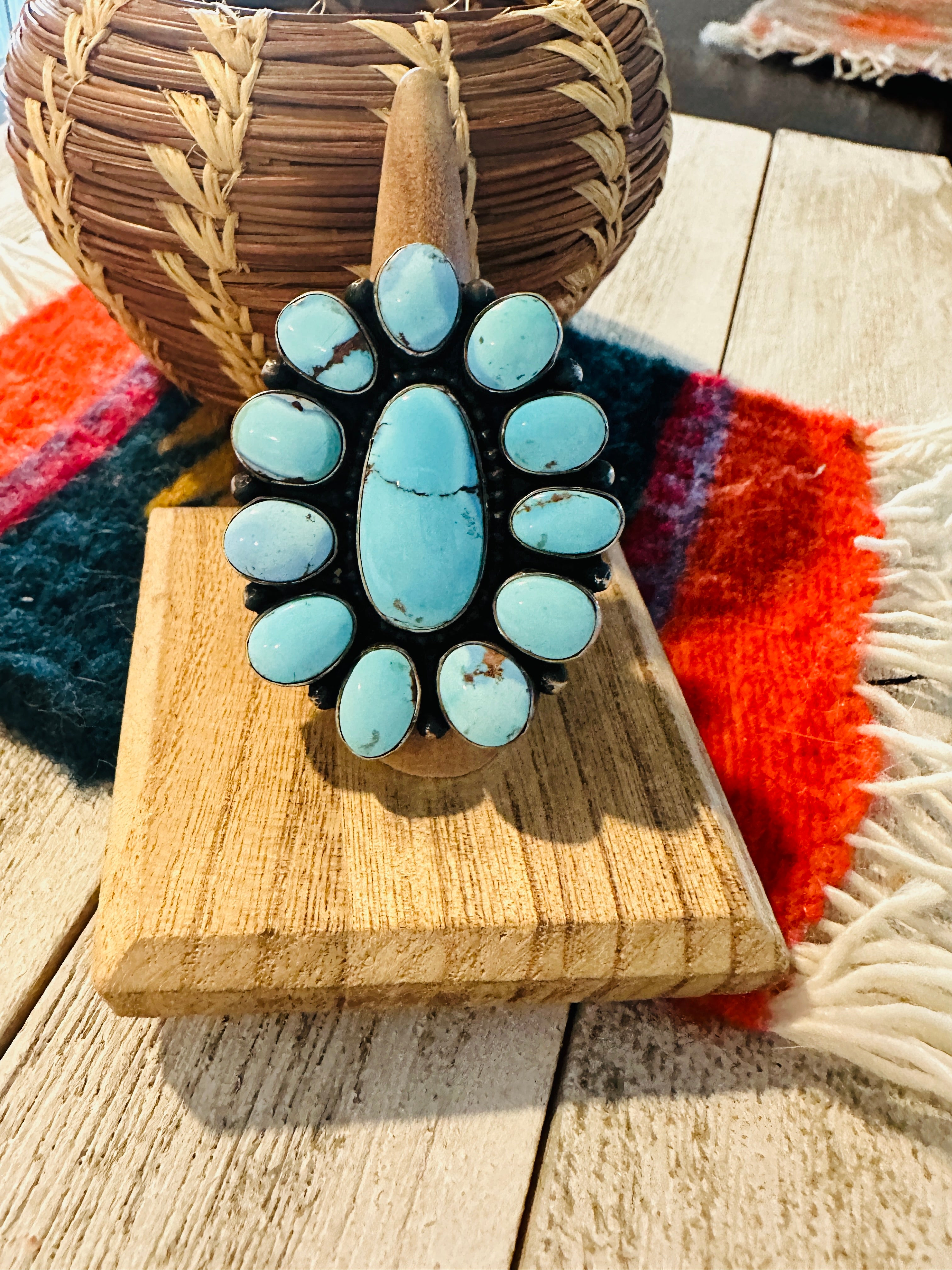 Navajo Golden Hills Turquoise & Sterling Silver Cluster Ring by Blaine Yellowhorse, Size 7