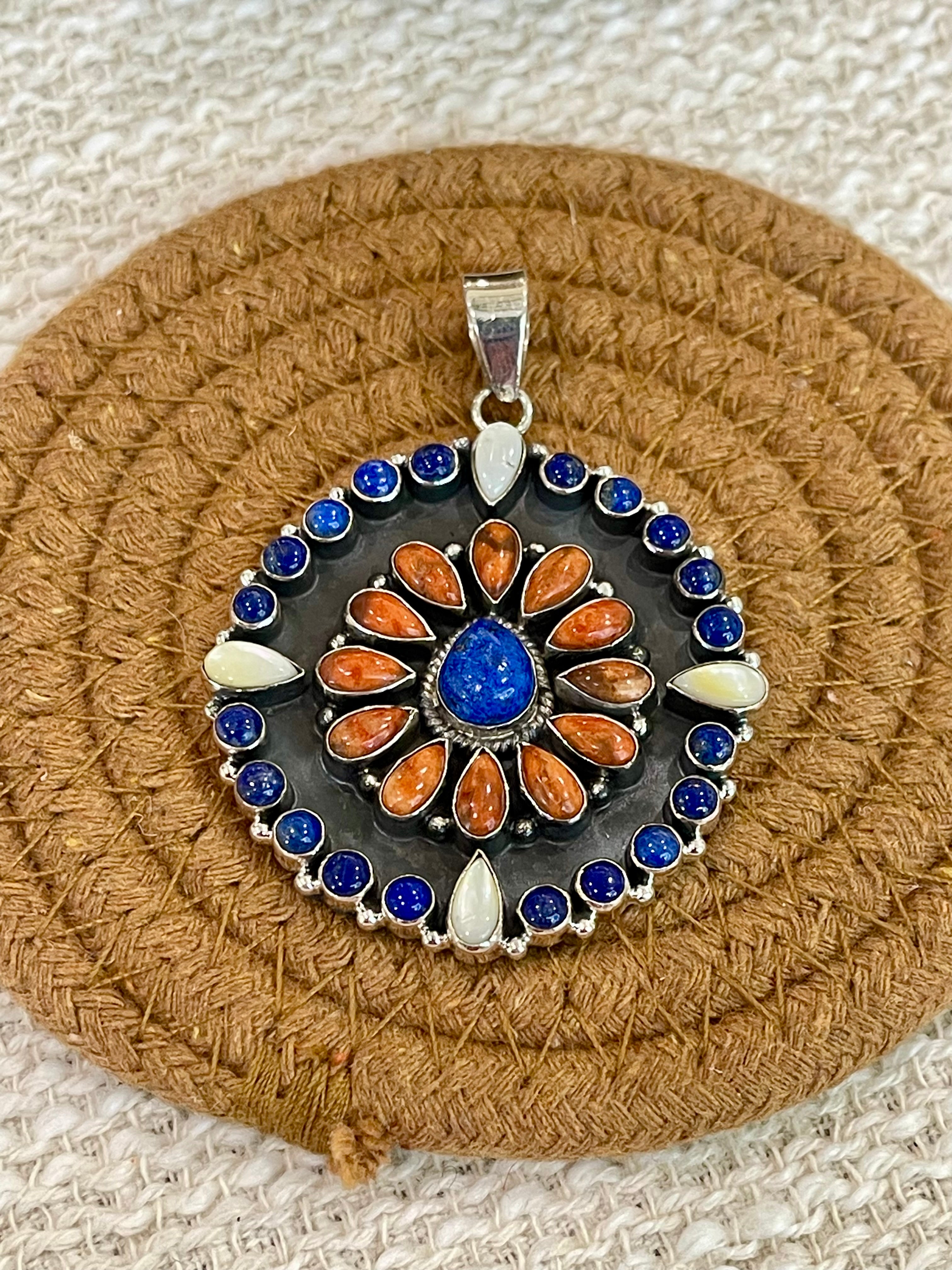 ** 4TH OF JULY ** Handmade Sterling Silver, Lapis Cluster Pendant with Signed Nizhoni