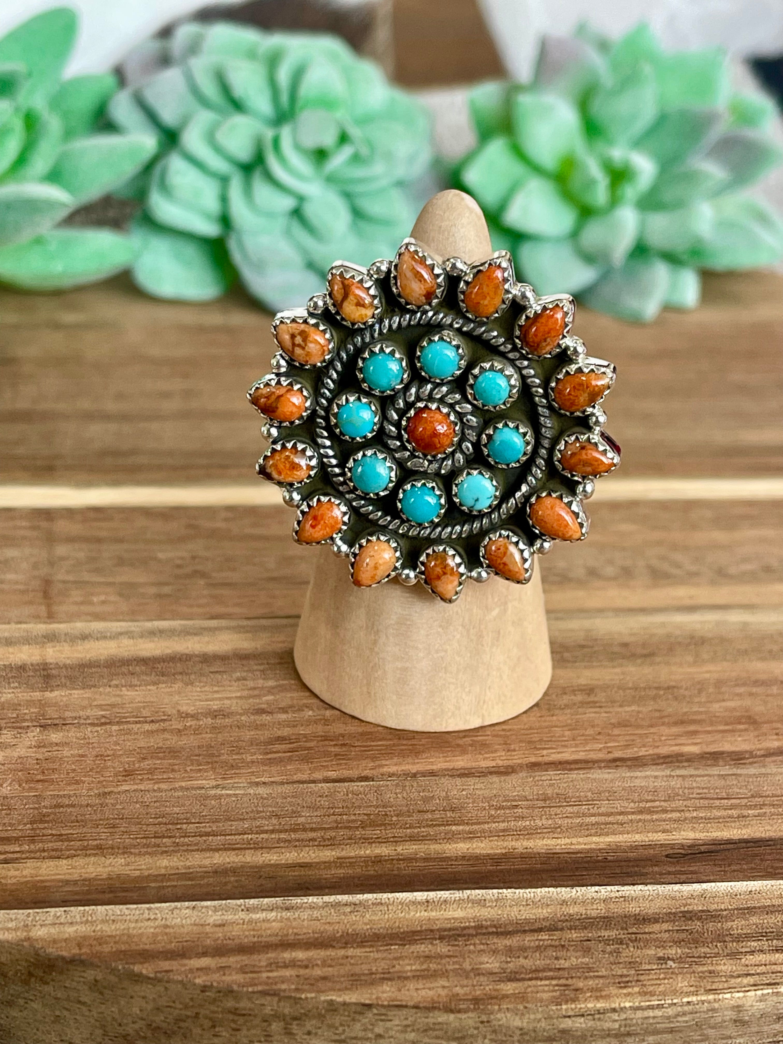 Handmade Turquoise , Orange Mojave And Sterling Silver Adjustable Cluster Ring