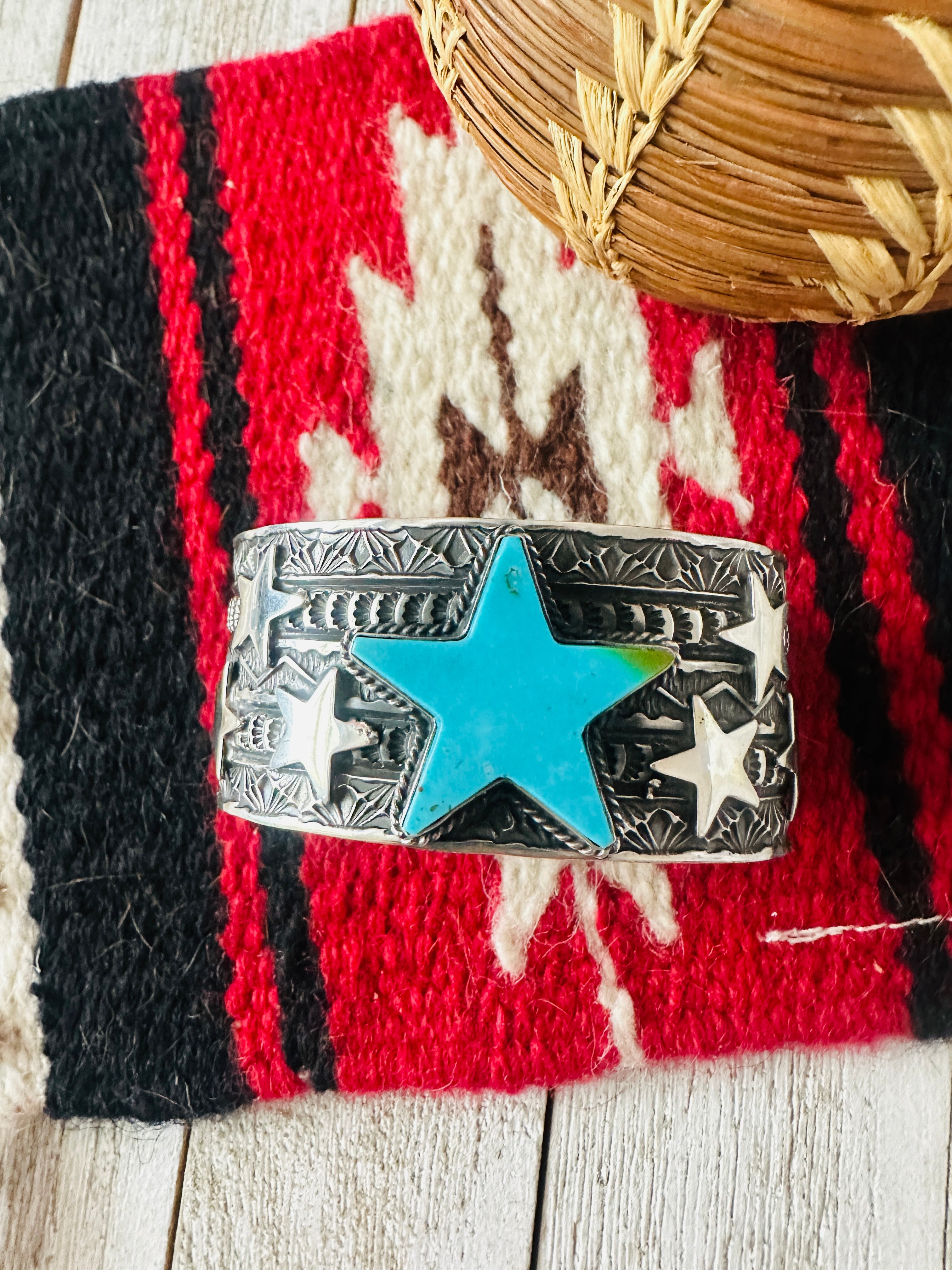 Navajo Turquoise & Sterling Silver Star Cuff Bracelet by Sunshine Reeves