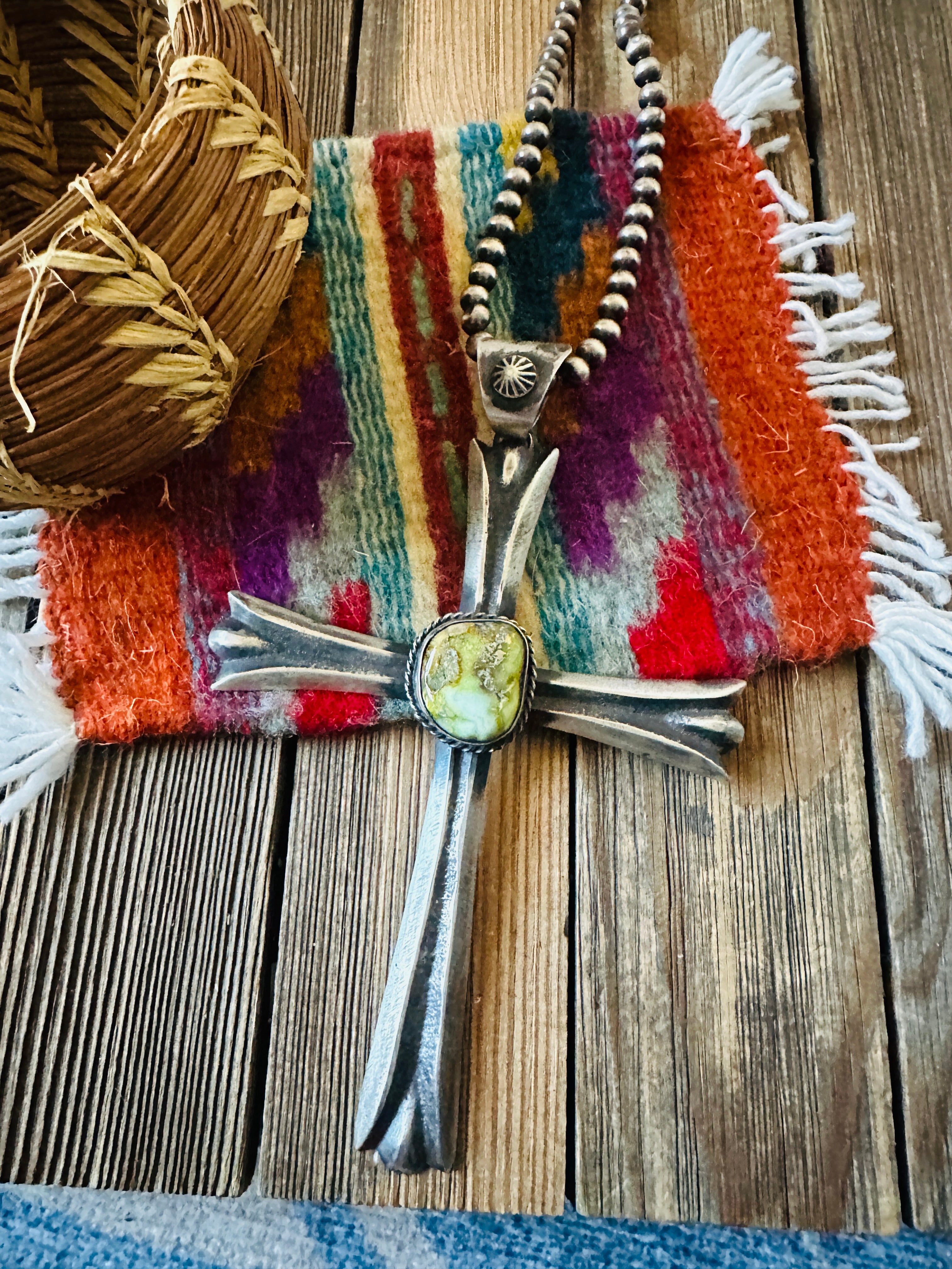 Handcrafted Carico Lake Turquoise & Sterling Silver Cross Pendant by Chimney Butte