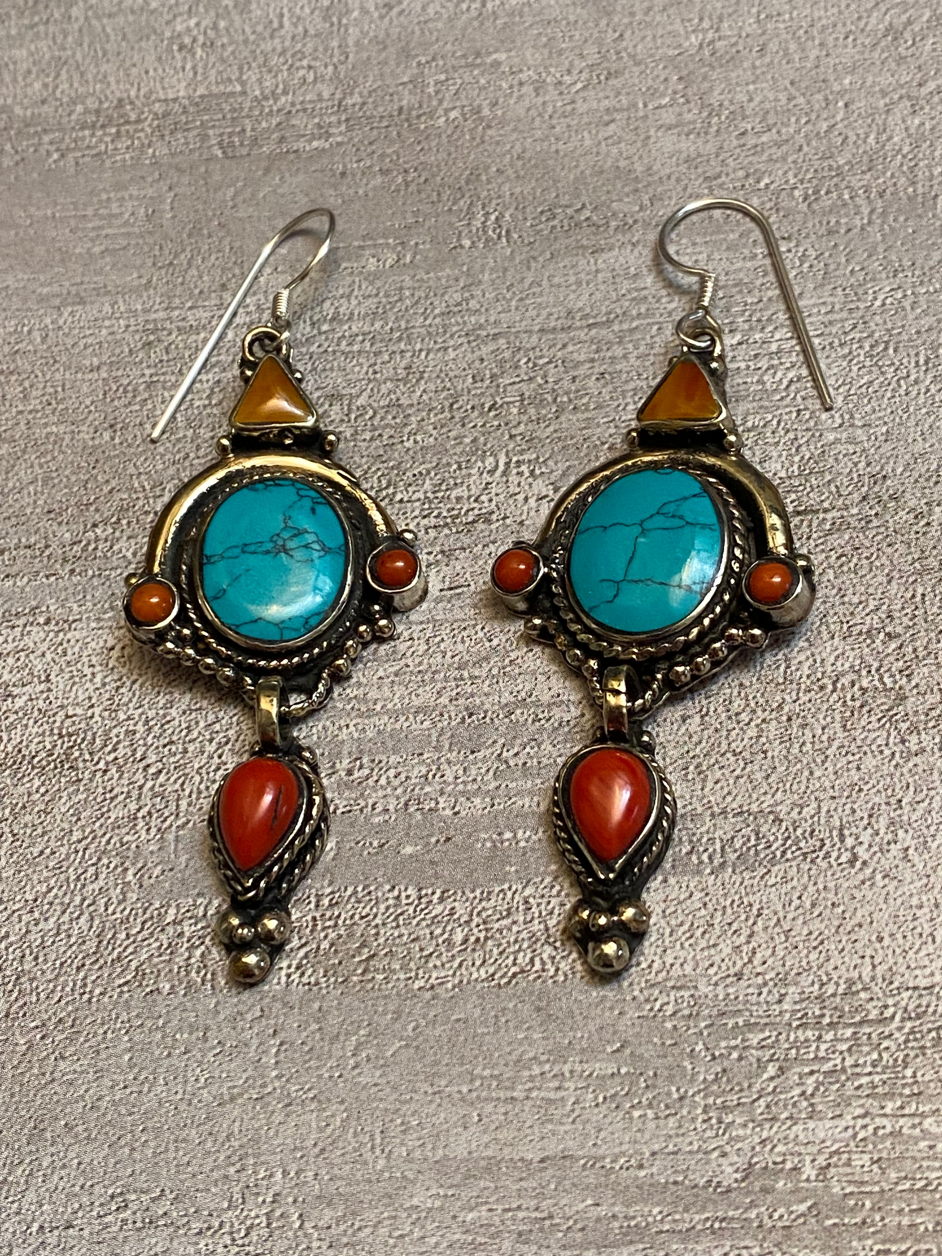 Silver Elegant Turquoise, Red Coral, & Orange Spiny Dangle Statement Earrings