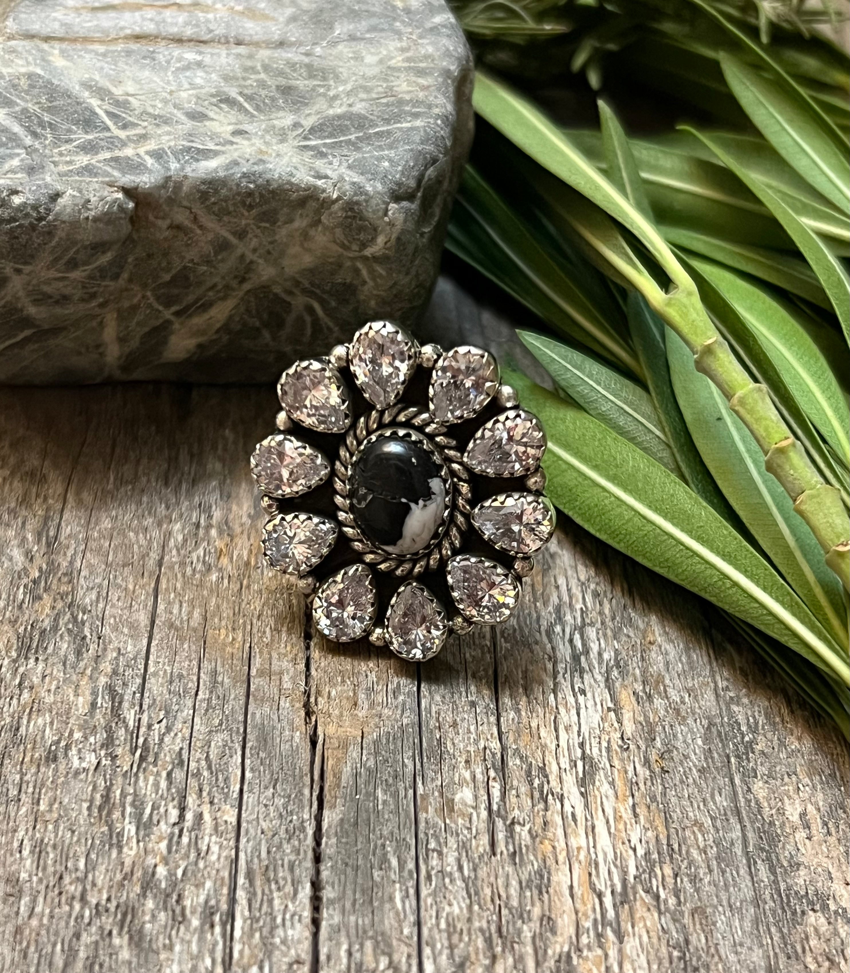 Handmade White Buffalo & CZ Sterling Silver Adjustable Ring