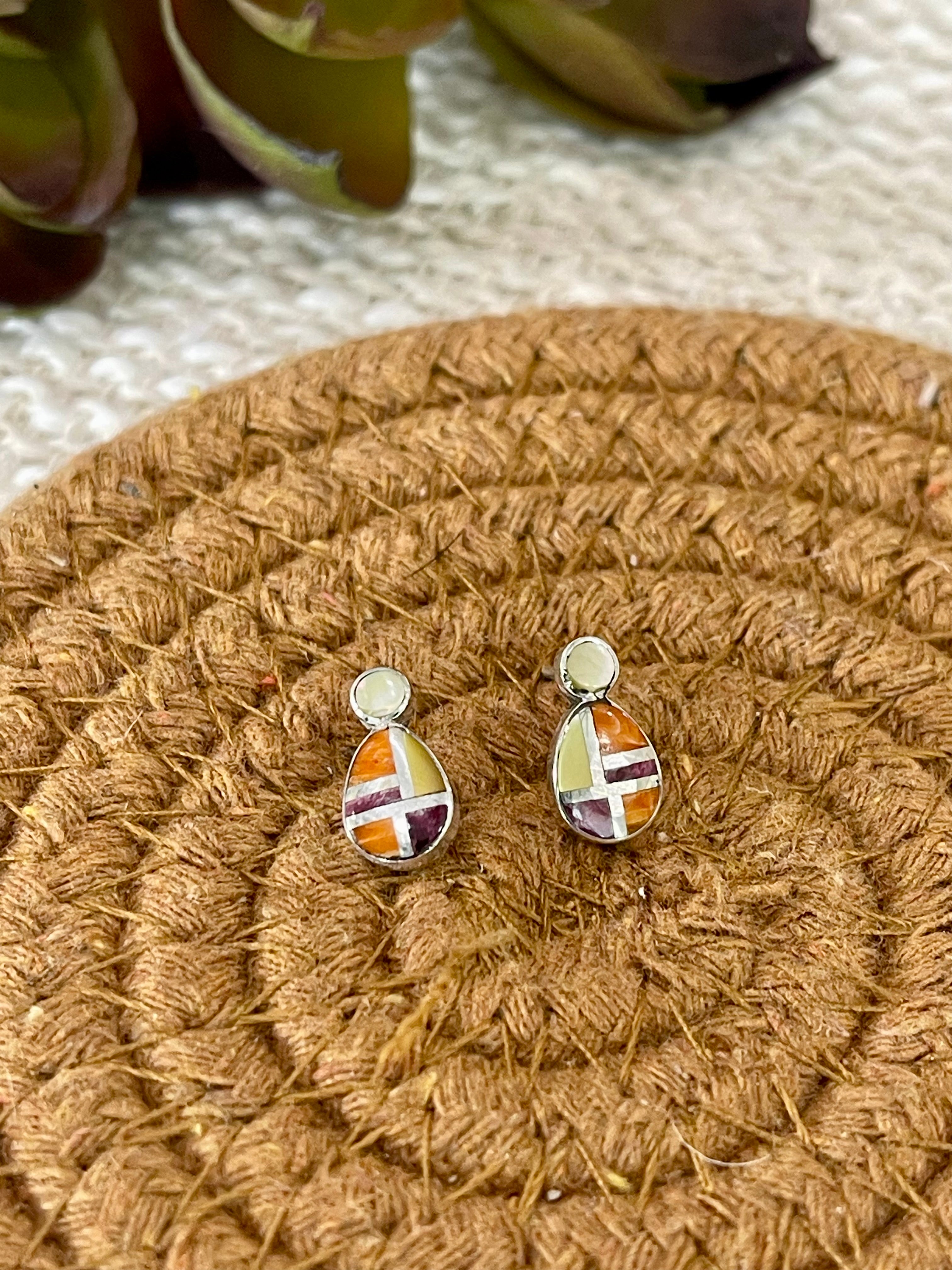 Gorgeous Handmade Sterling Silver & Multi Stone Inlay Post Earrings