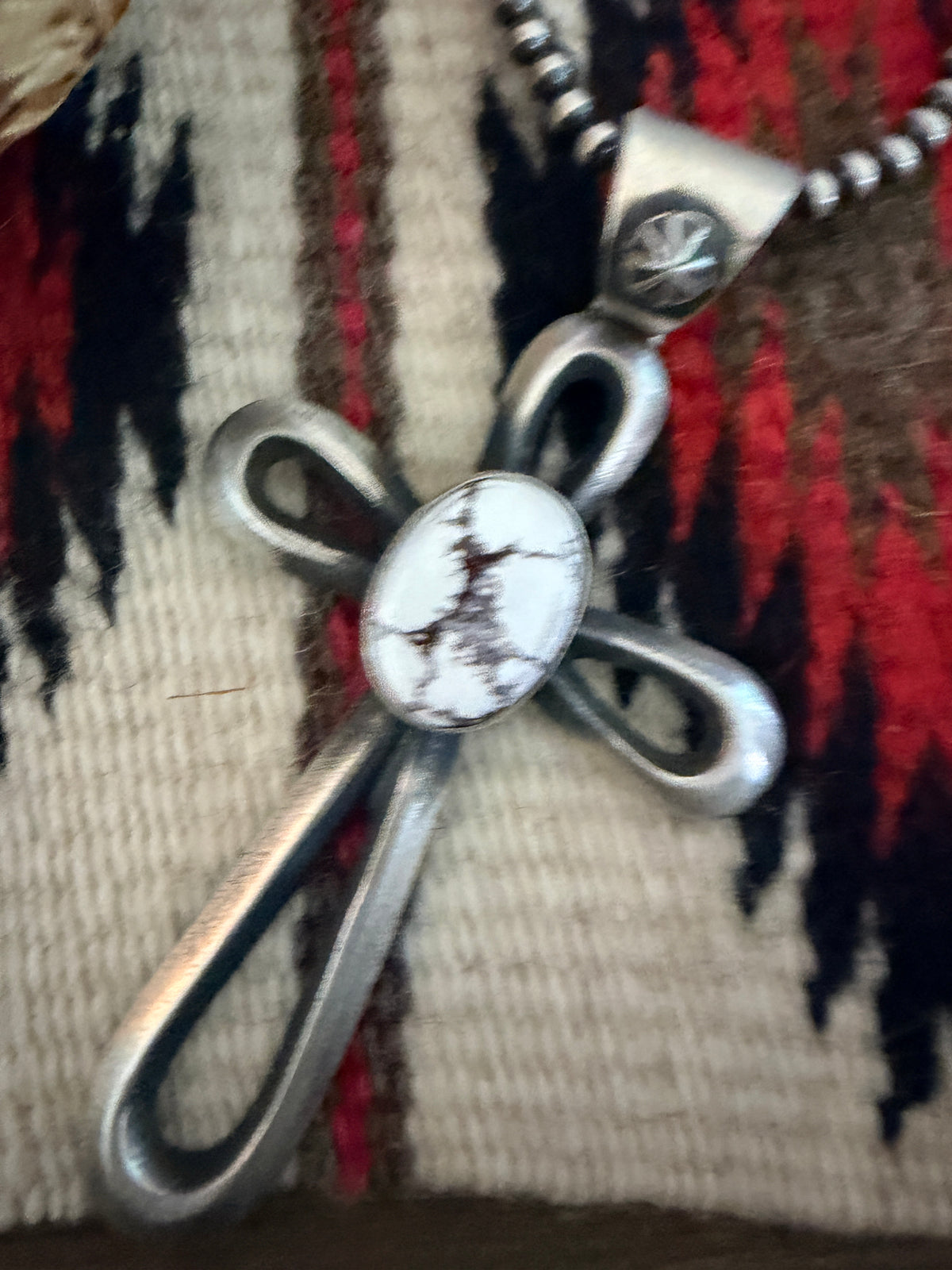 Handcrafted White Buffalo & Sterling Silver Cross Pendant by Chimney Butte