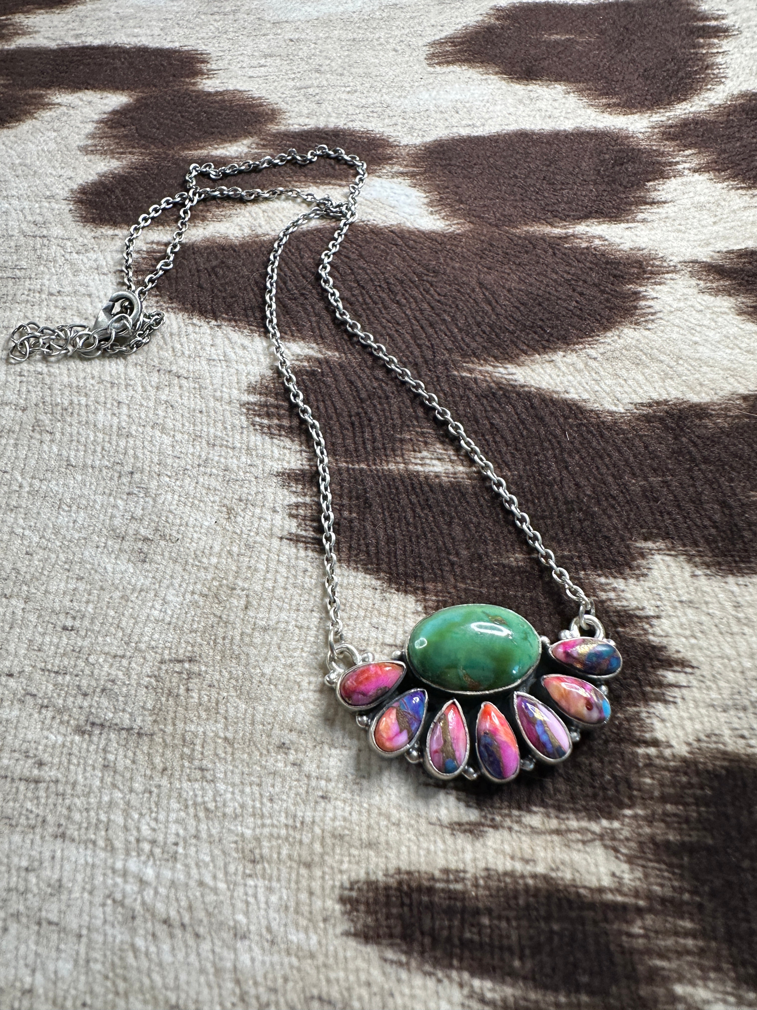 Handmade Pink Dream Mojave, Turquoise & Sterling Silver Crescent Necklace