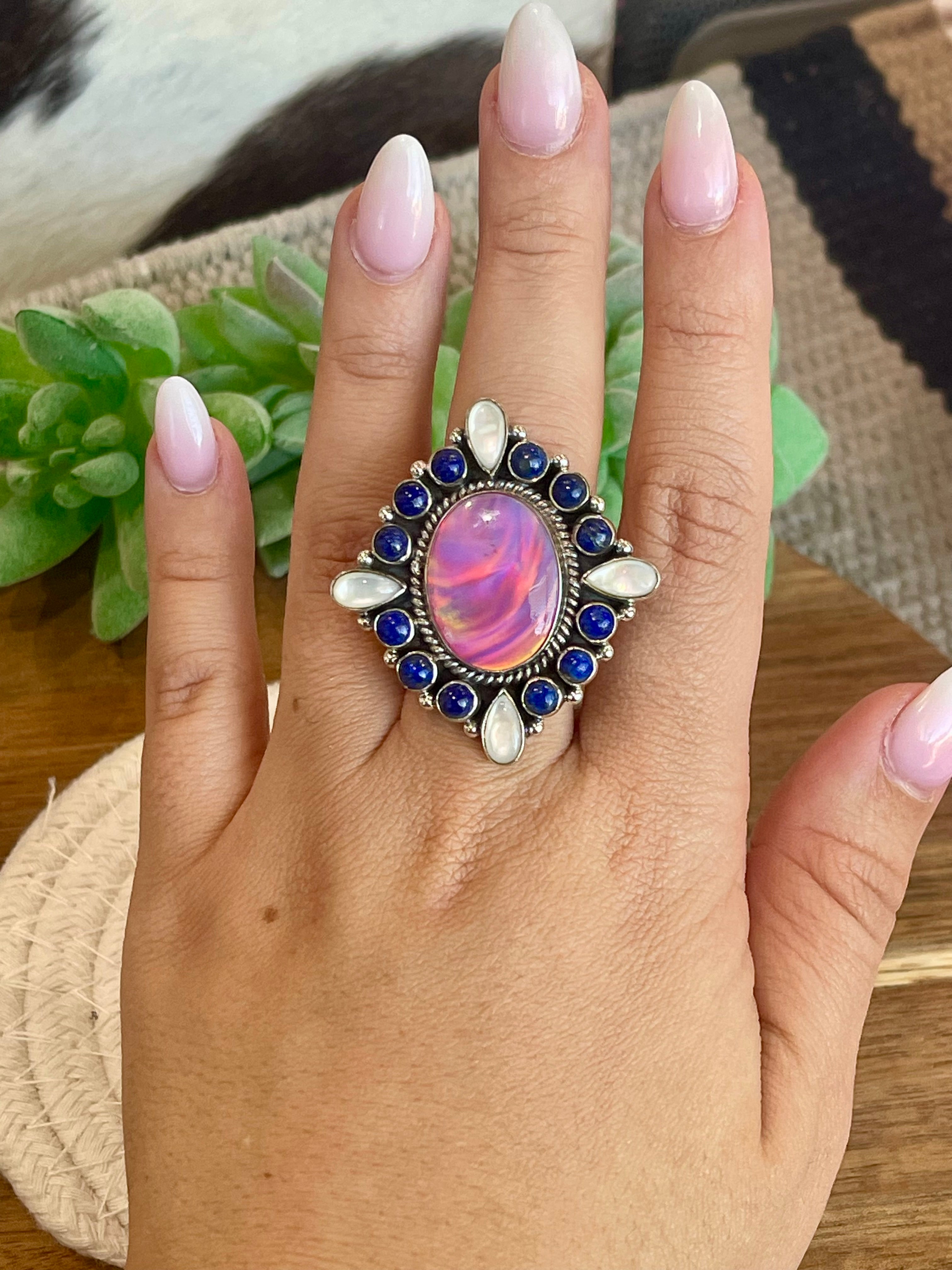 Handmade Pink Opal, Mother Of Pearl, Lapis And Sterling Silver Adjustable Ring Signed Nizhoni