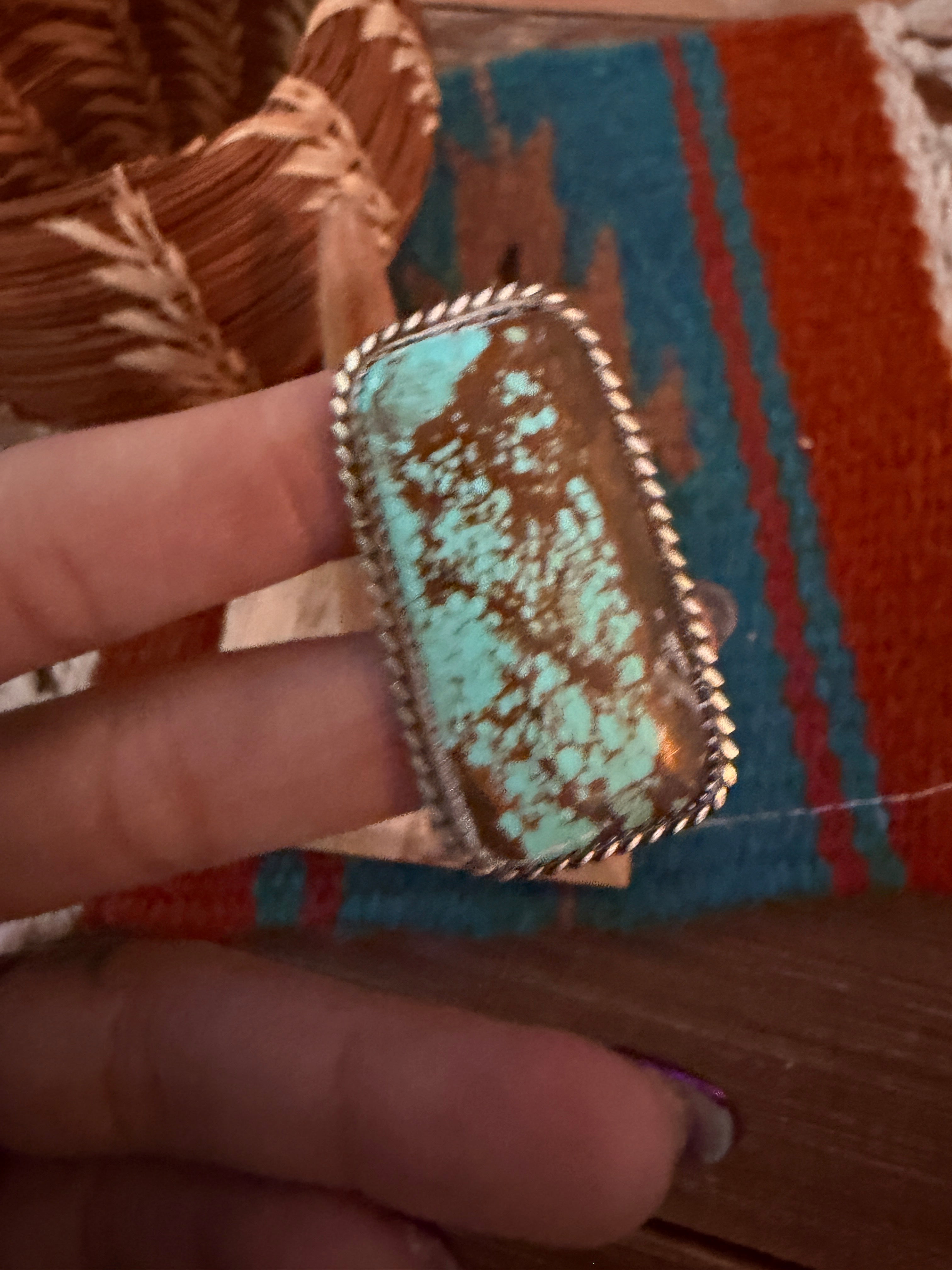Handcrafted Royston Turquoise & Sterling Silver Ring Size 8.5 by Leslie Nez