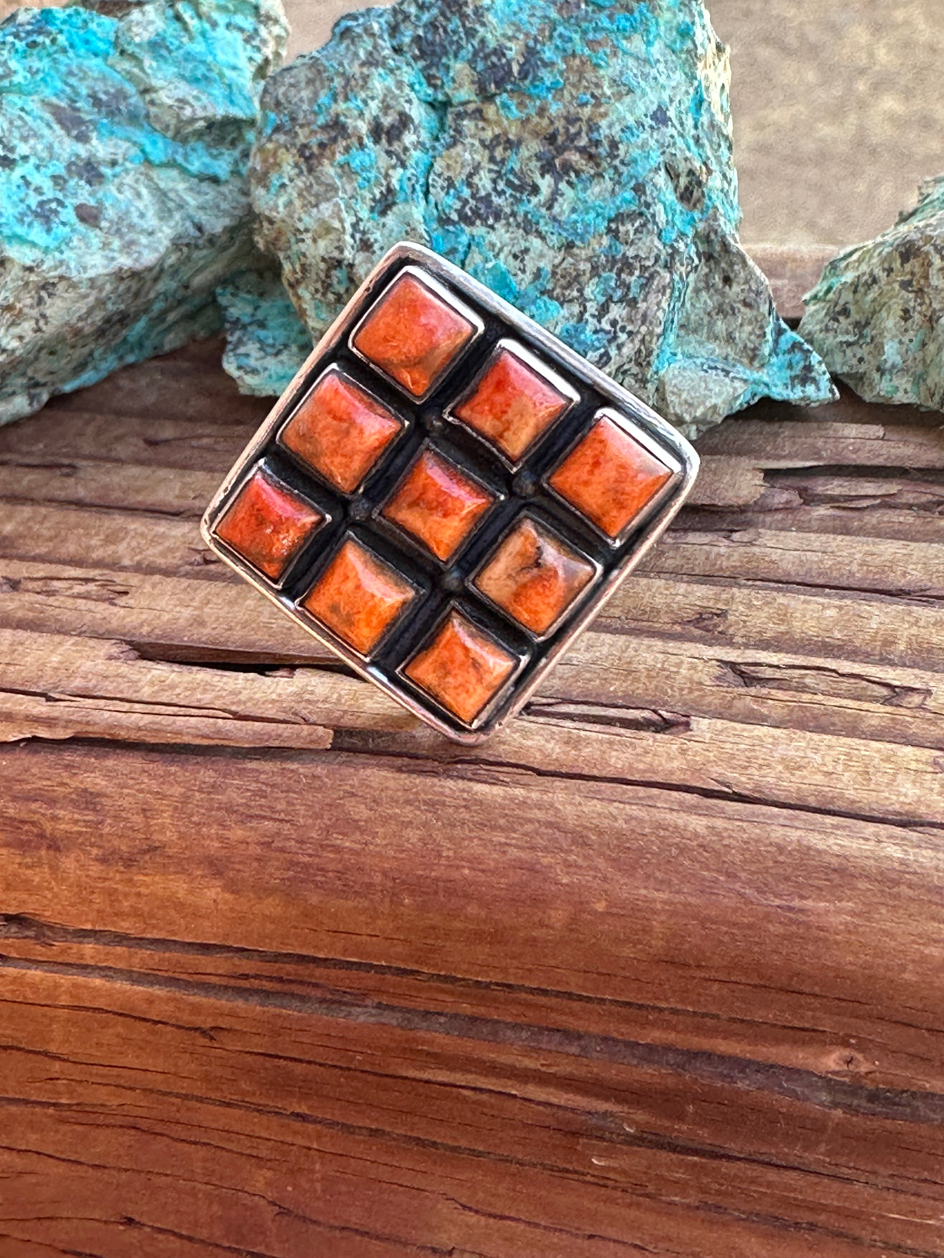 Beautiful Handmade Sterling Silver And Orange Mojave Square Adjustable Ring