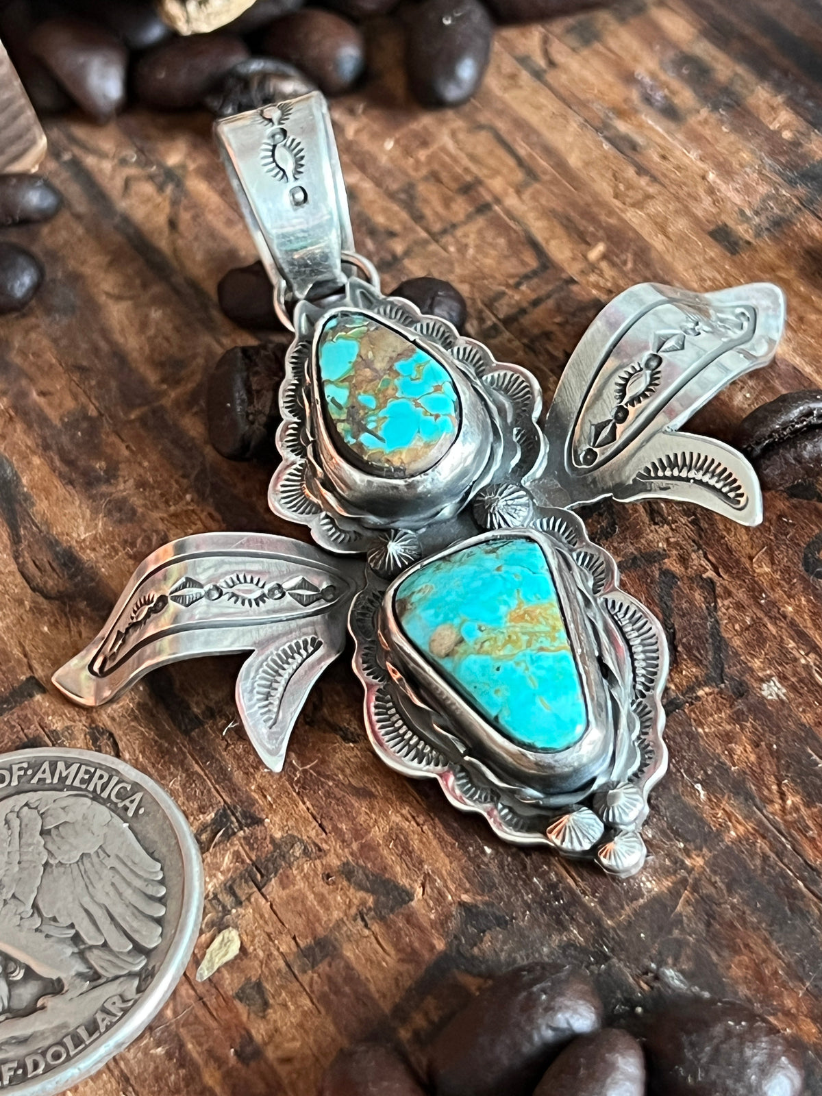 Handcrafted Sterling Silver and Turquoise Winged Bug Pendant by Kimari Somers