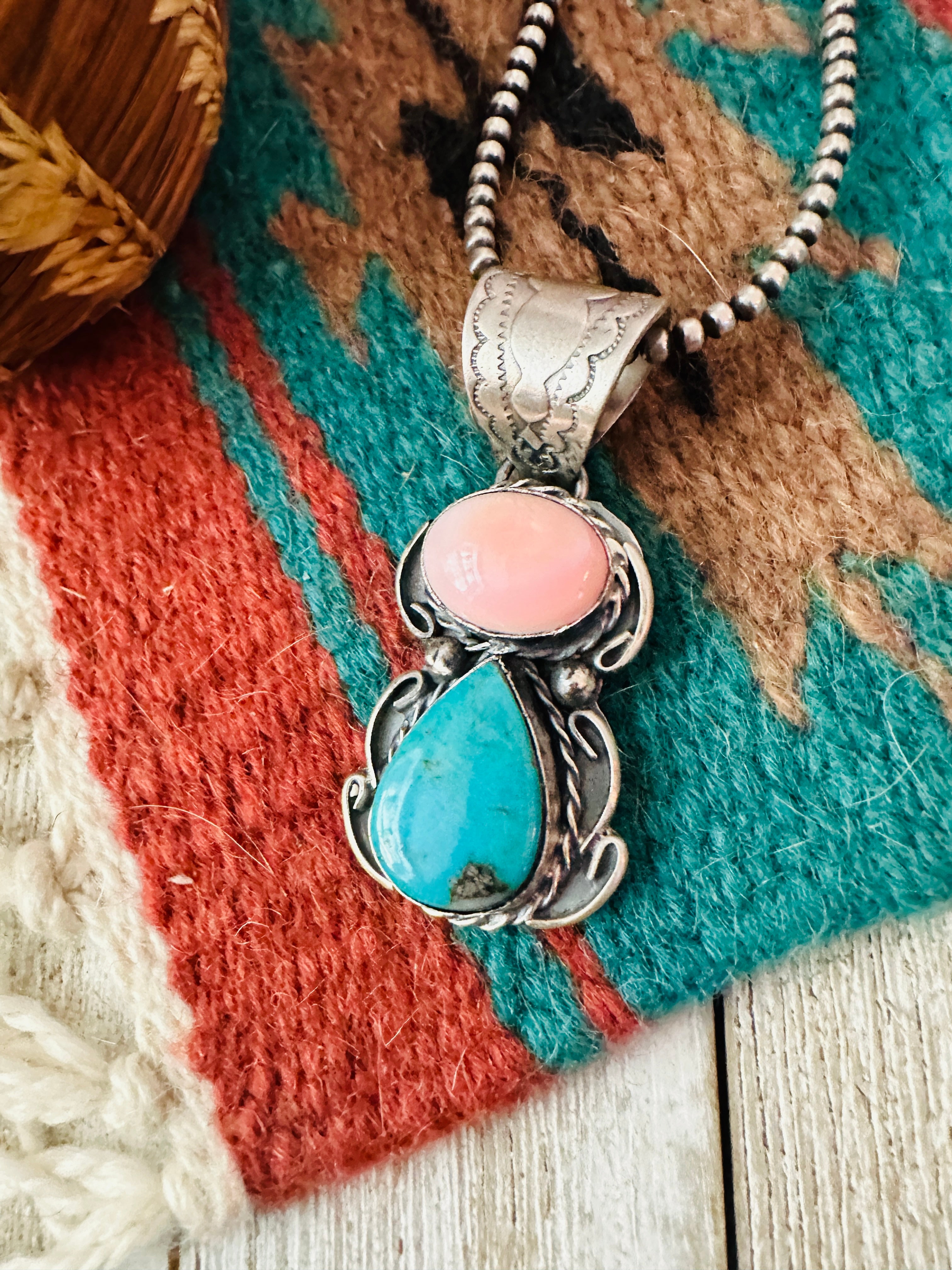 Handcrafted Sterling Silver, Queen Pink Conch & Turquoise Pendant