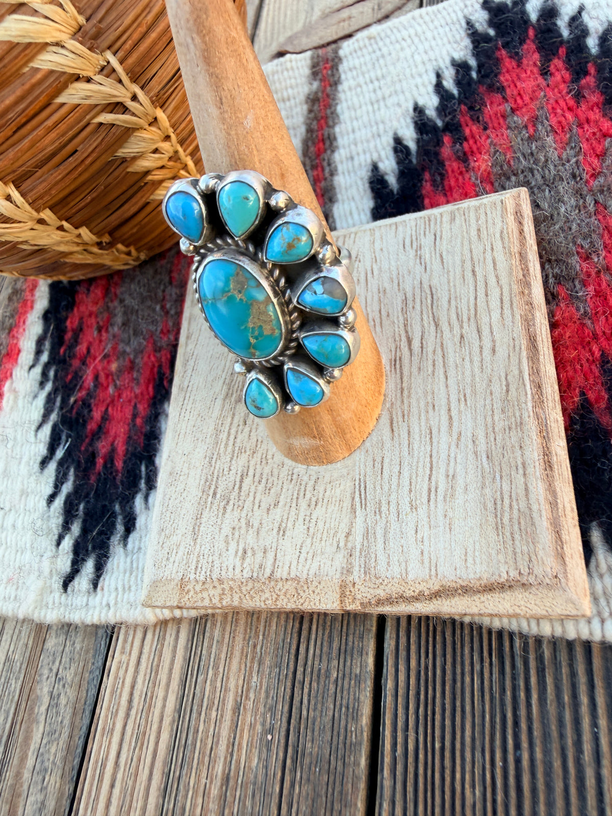 Handcrafted Turquoise & Sterling Silver Cluster Adjustable Ring by Geraldine James