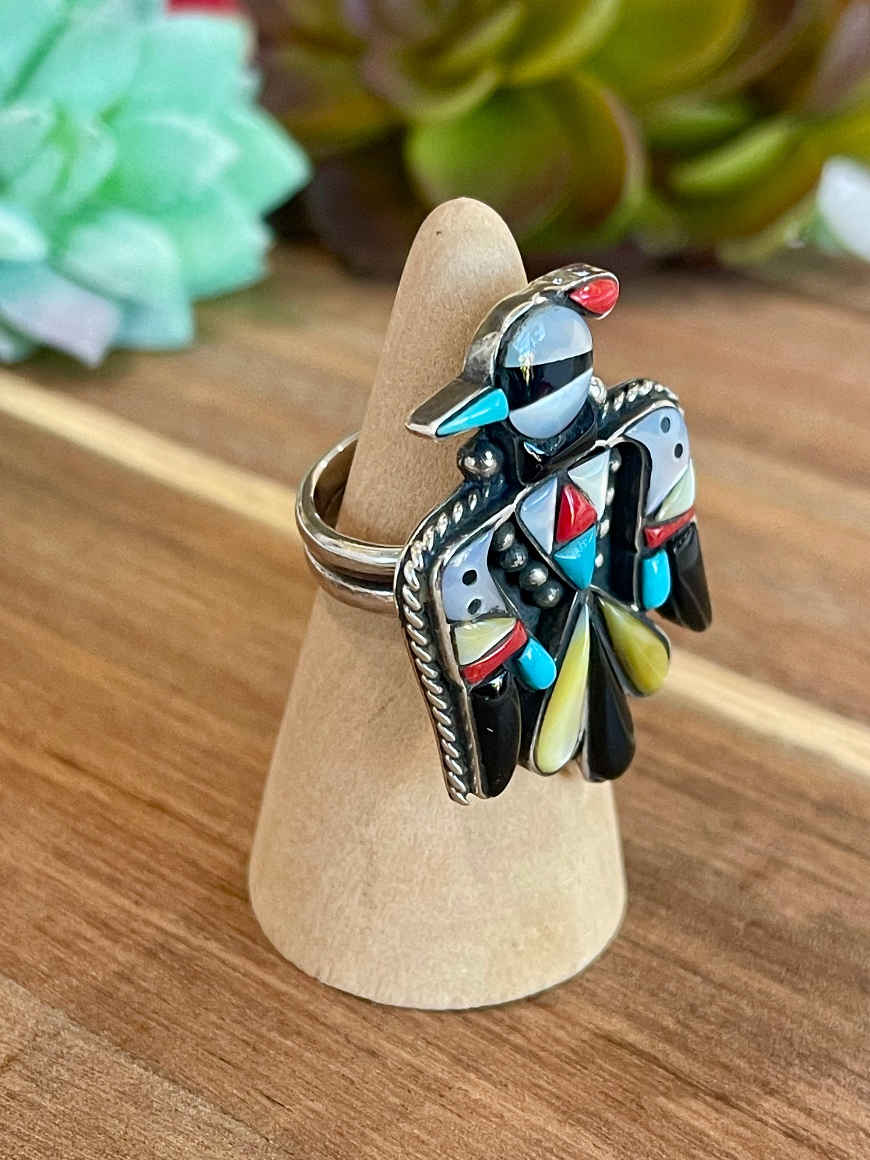 Handmade Multi Stone And Sterling Silver Thunderbird Adjustable Ring