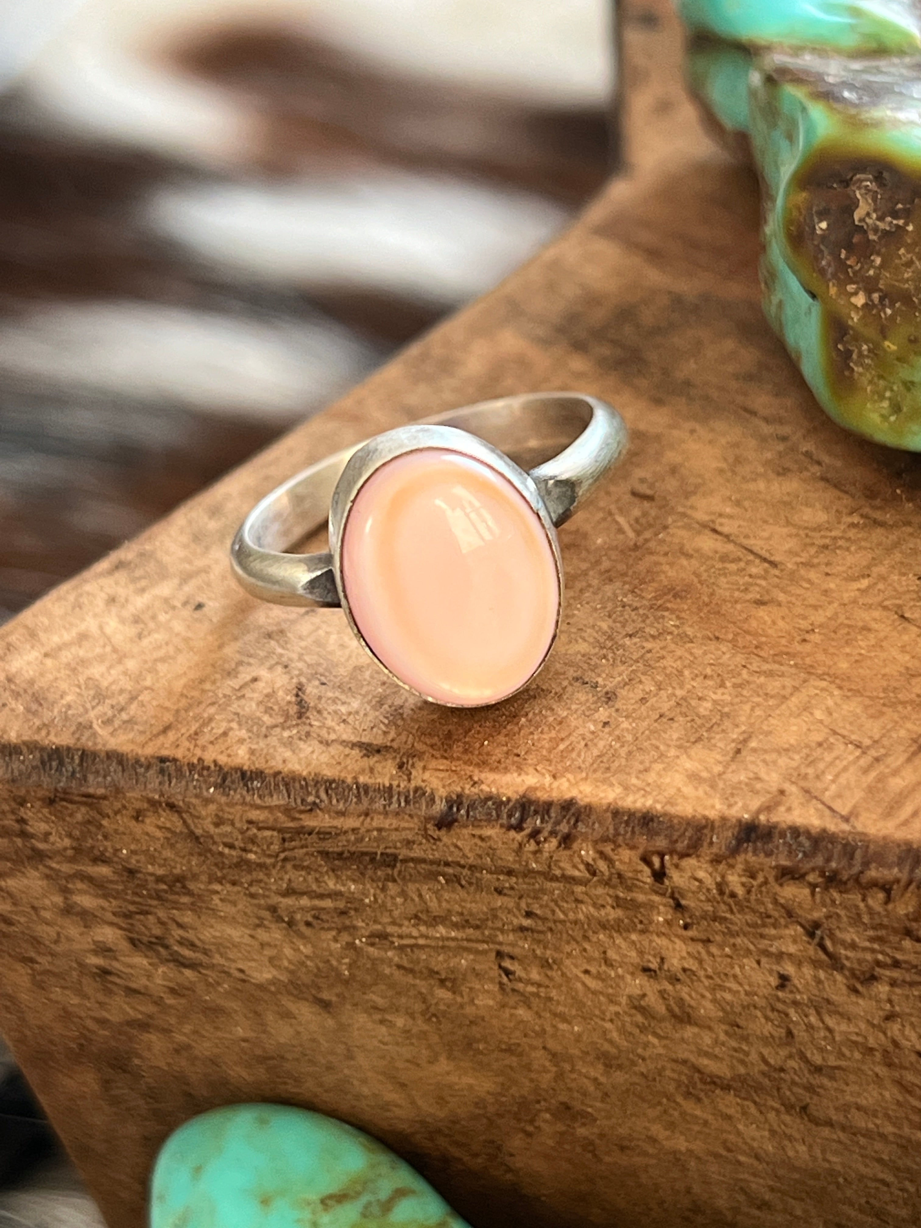 Handcrafted Sterling Silver and Oval Pink Conch Stacker Ring, Single Shank