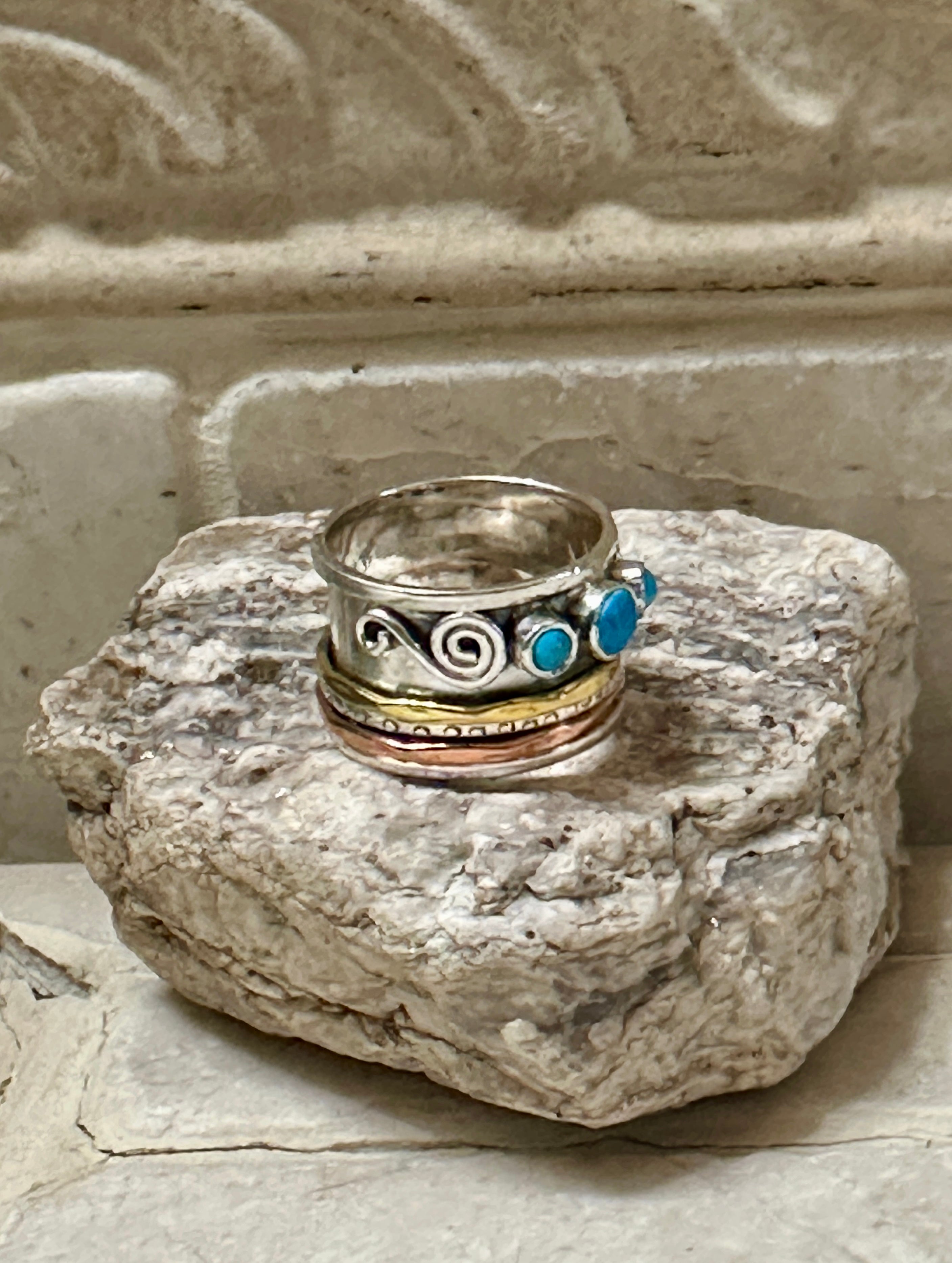 Three Stone Copper Turquoise, Copper, Sterling Silver, Gold, Spinner Ring Size 7