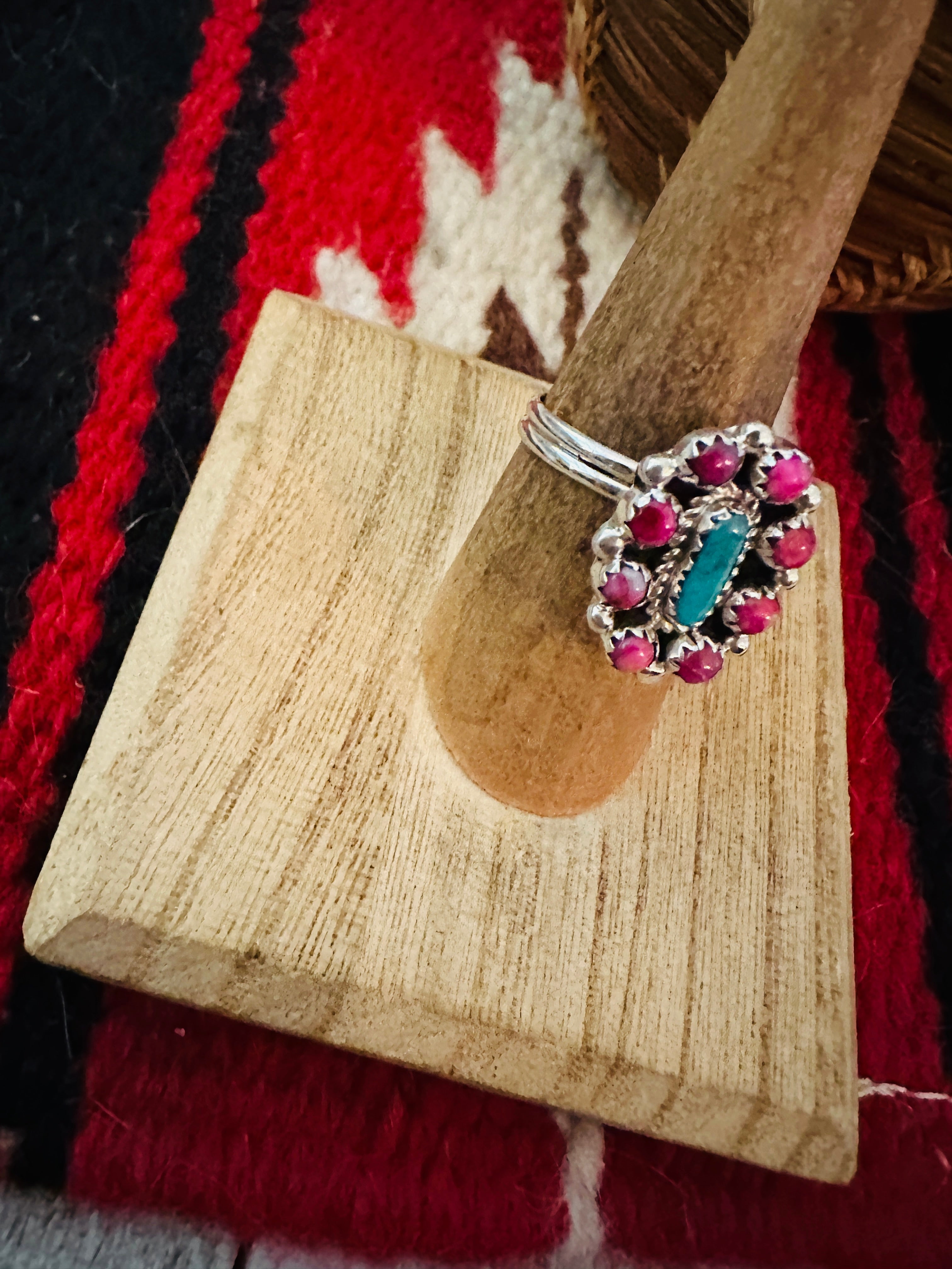 Handcrafted Sterling Silver, Pink Dream Mojave & Turquoise Cluster Adjustable Ring