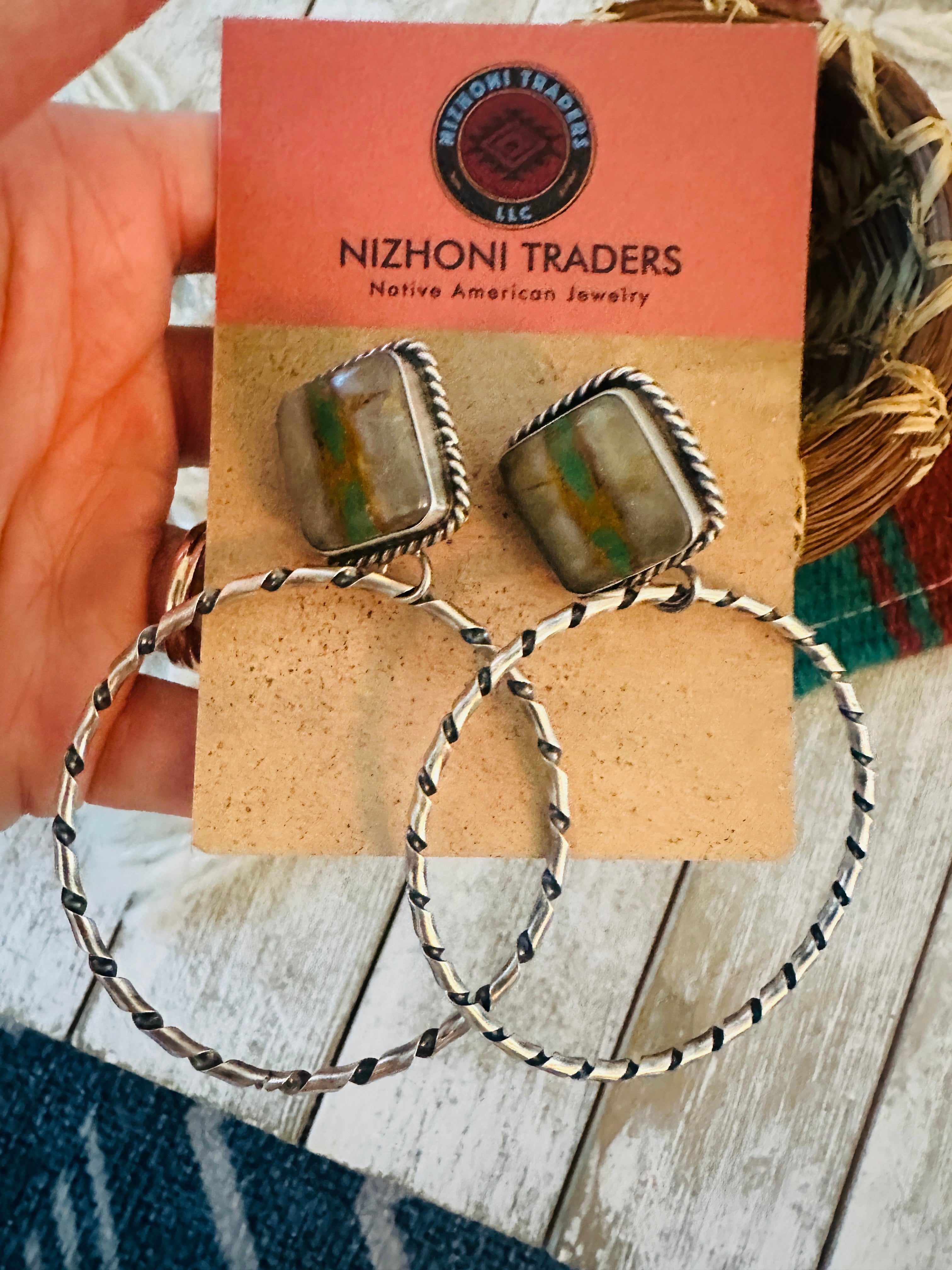 Navajo Ribbon Turquoise and Sterling Silver Dangle Hoop Earrings